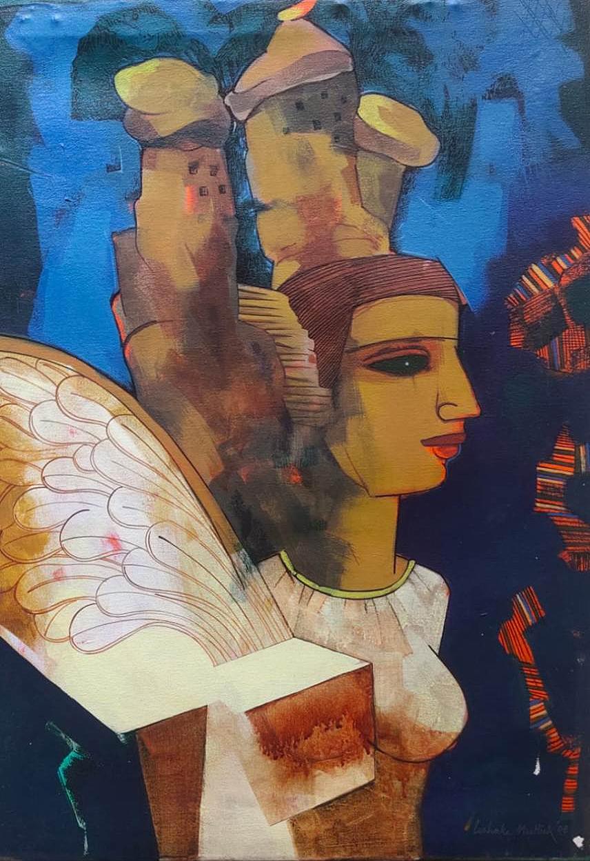 Portrait Painting Ashoke Mullick - Woman with the Wings (Femme aux ailes), acrylique sur toile de l'artiste indien contemporain « en stock »