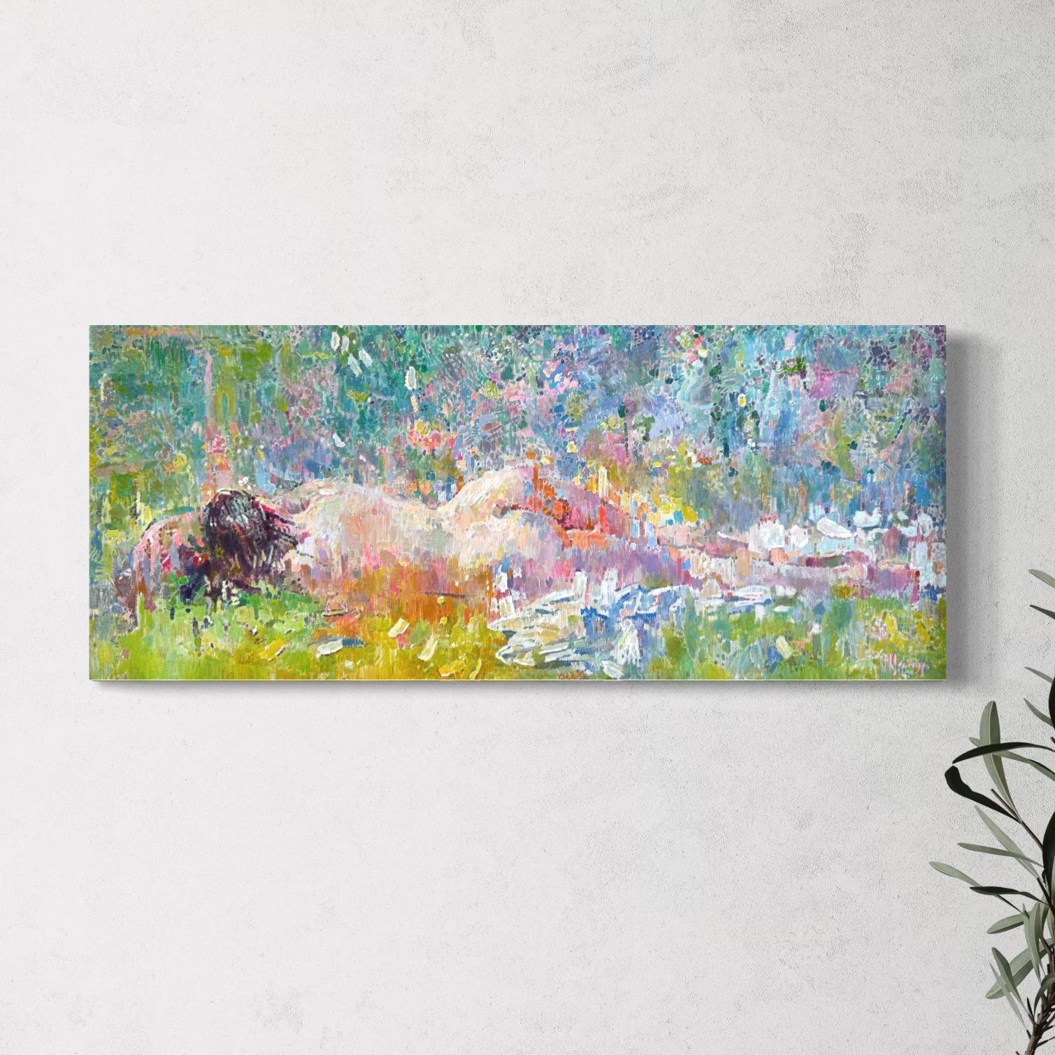 Tra i fiori selvatici, pittura a olio di donne nude, opera d'arte fatta a mano, pezzo unico - Painting di Ashot Muradyan