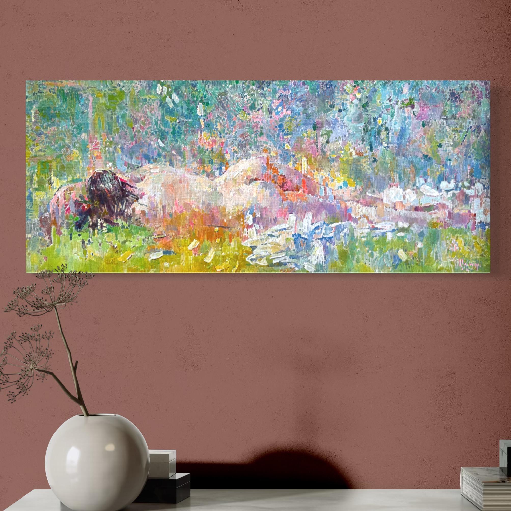 Tra i fiori selvatici, pittura a olio di donne nude, opera d'arte fatta a mano, pezzo unico - Figurative Painting Grigio di Ashot Muradyan