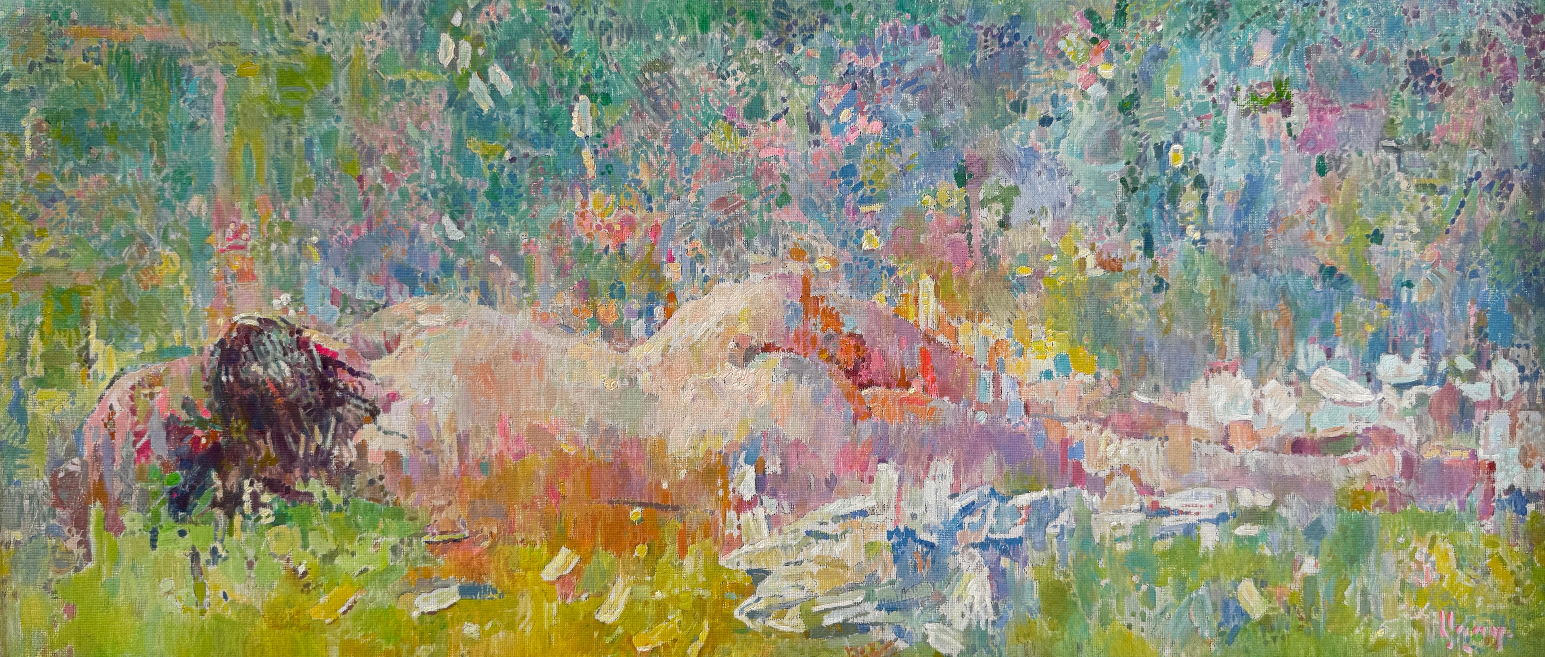 Tra i fiori selvatici, pittura a olio di donne nude, opera d'arte fatta a mano, pezzo unico