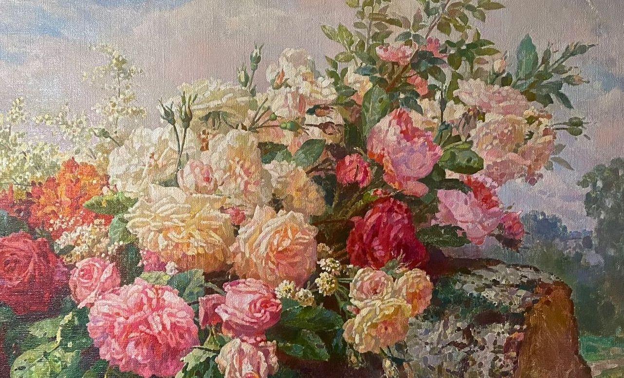 Bouquet of Roses, Flowers Original Oil Painting, Handmade Artwork, One of a Kind For Sale 1