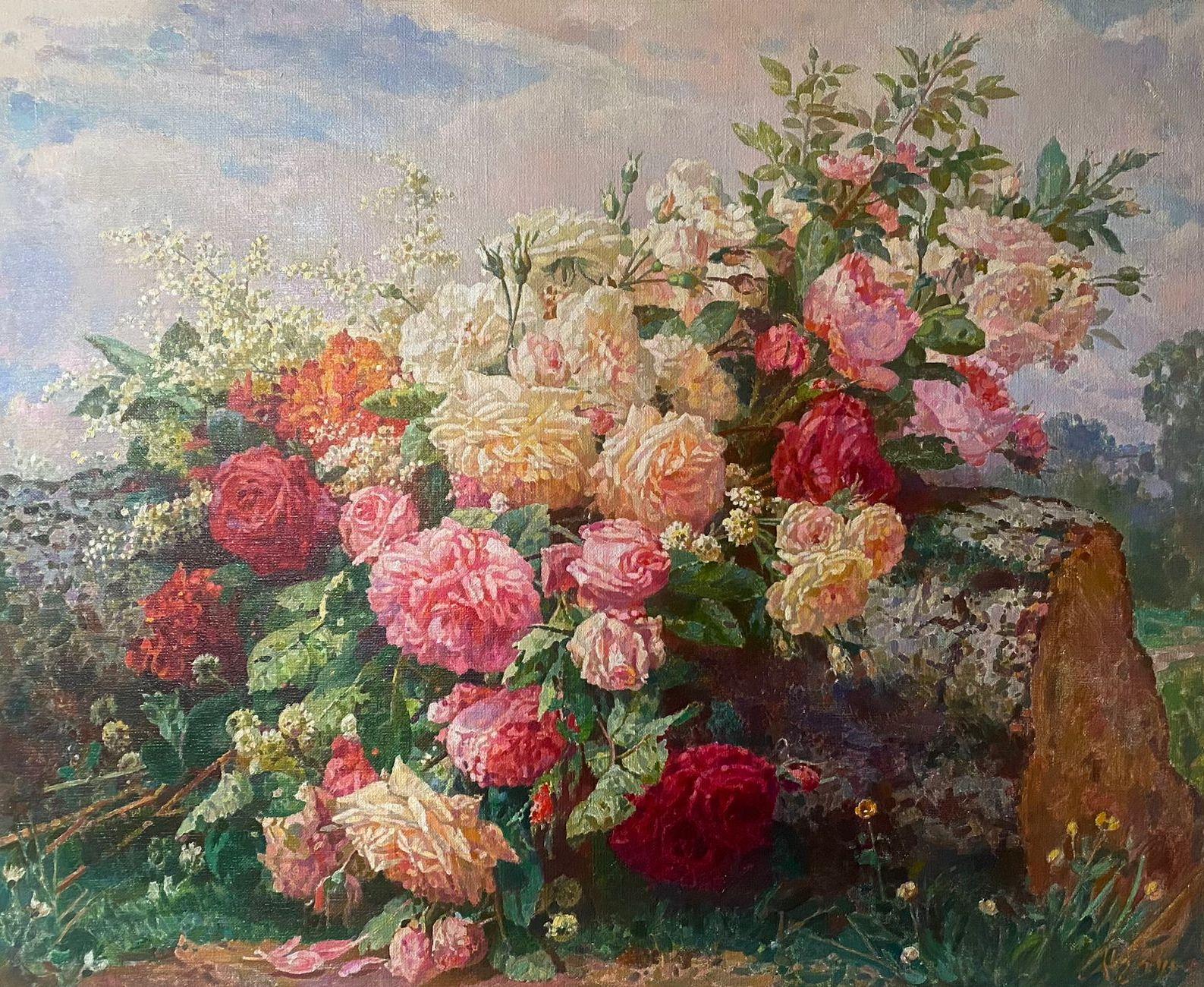 Still-Life Painting Ashot Muradyan - Bouquet de roses, fleurs, peinture à l'huile originale, œuvre d'art faite à la main, unique en son genre