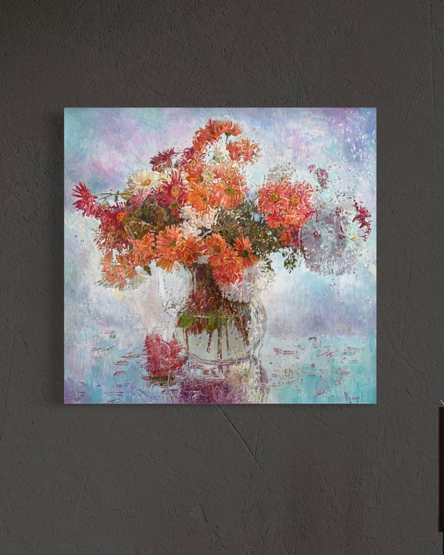Daisies Still Life Impressionism Original Oil Painting Handmade Artwork - Gray Still-Life Painting by Ashot Muradyan
