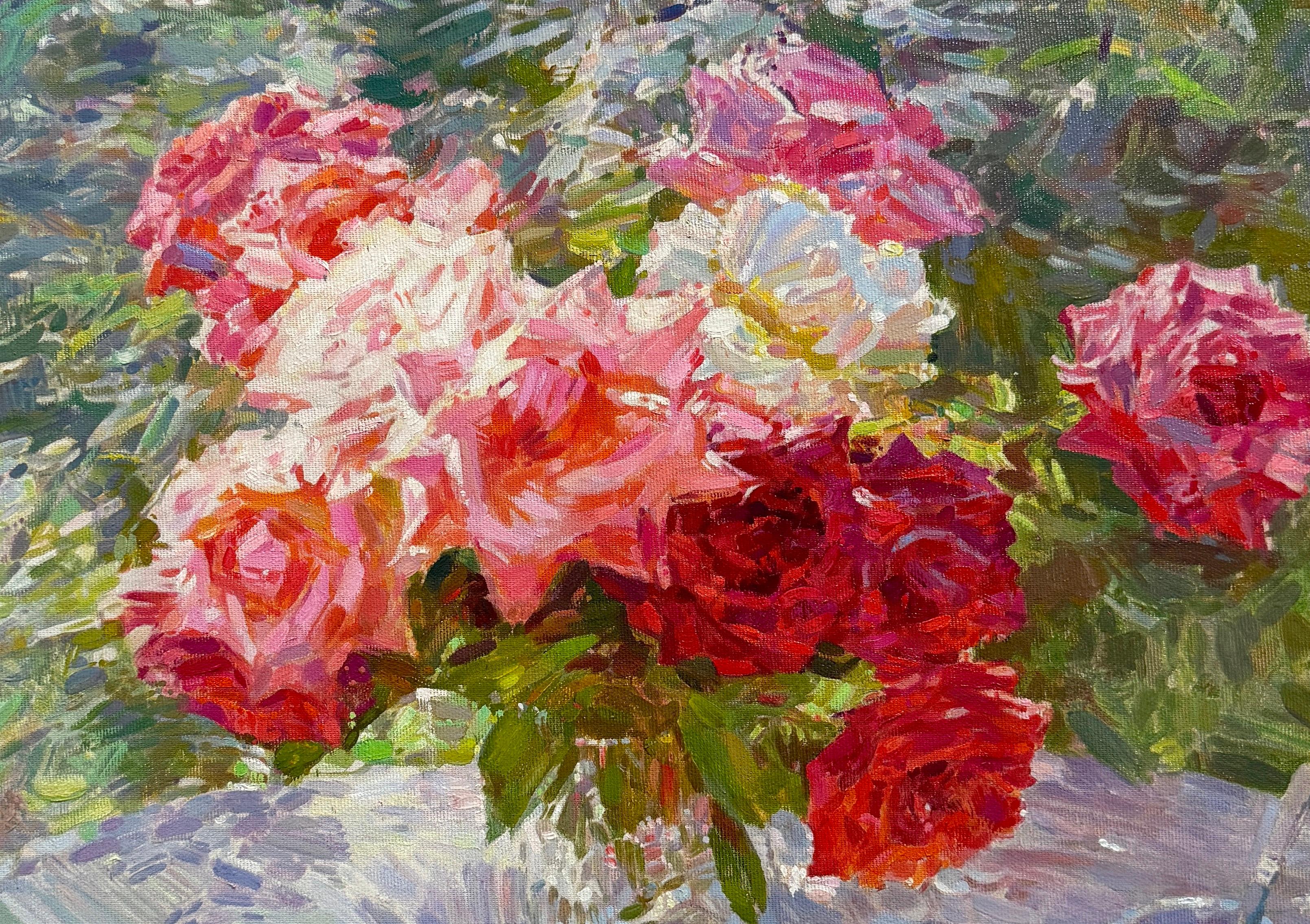 Garden Roses, Flowers, Original Oil Painting, Handmade Artwork, One of a Kind - Brown Still-Life Painting by Ashot Muradyan