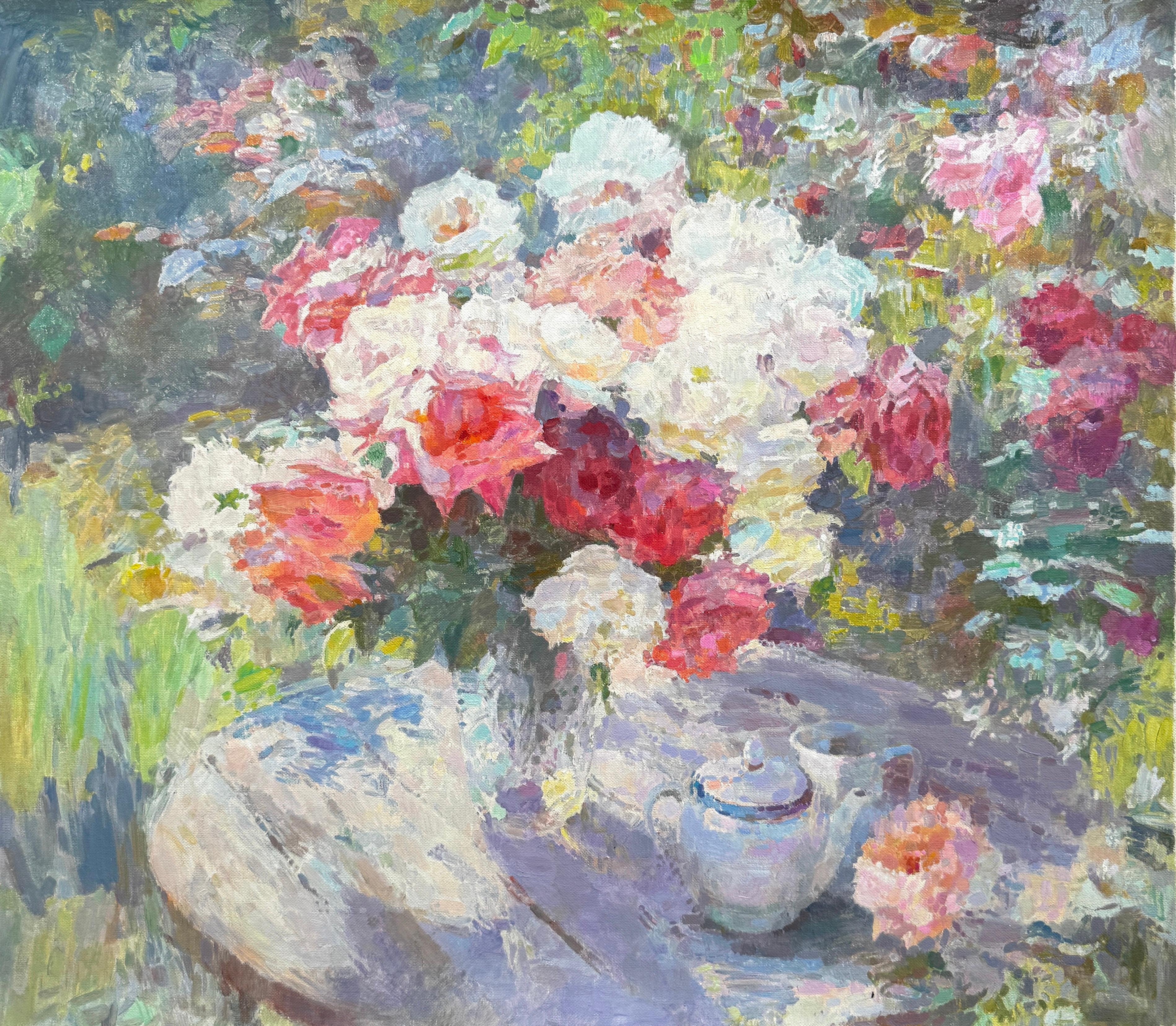 Ashot Muradyan Still-Life Painting - Garden Roses, Flowers, Original Oil Painting, Handmade Artwork, One of a Kind