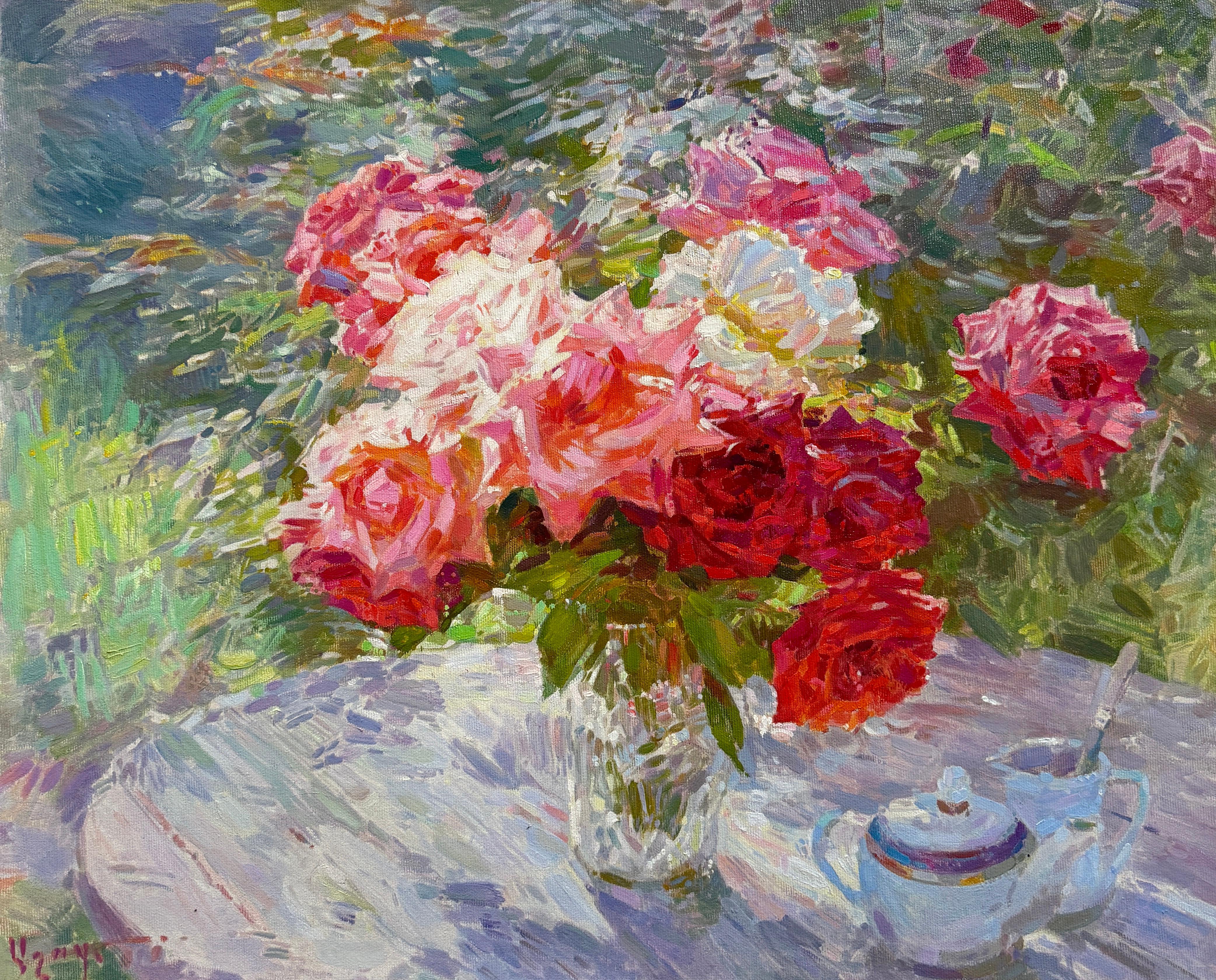 Ashot Muradyan Still-Life Painting - Garden Roses, Flowers, Original Oil Painting, Handmade Artwork, One of a Kind