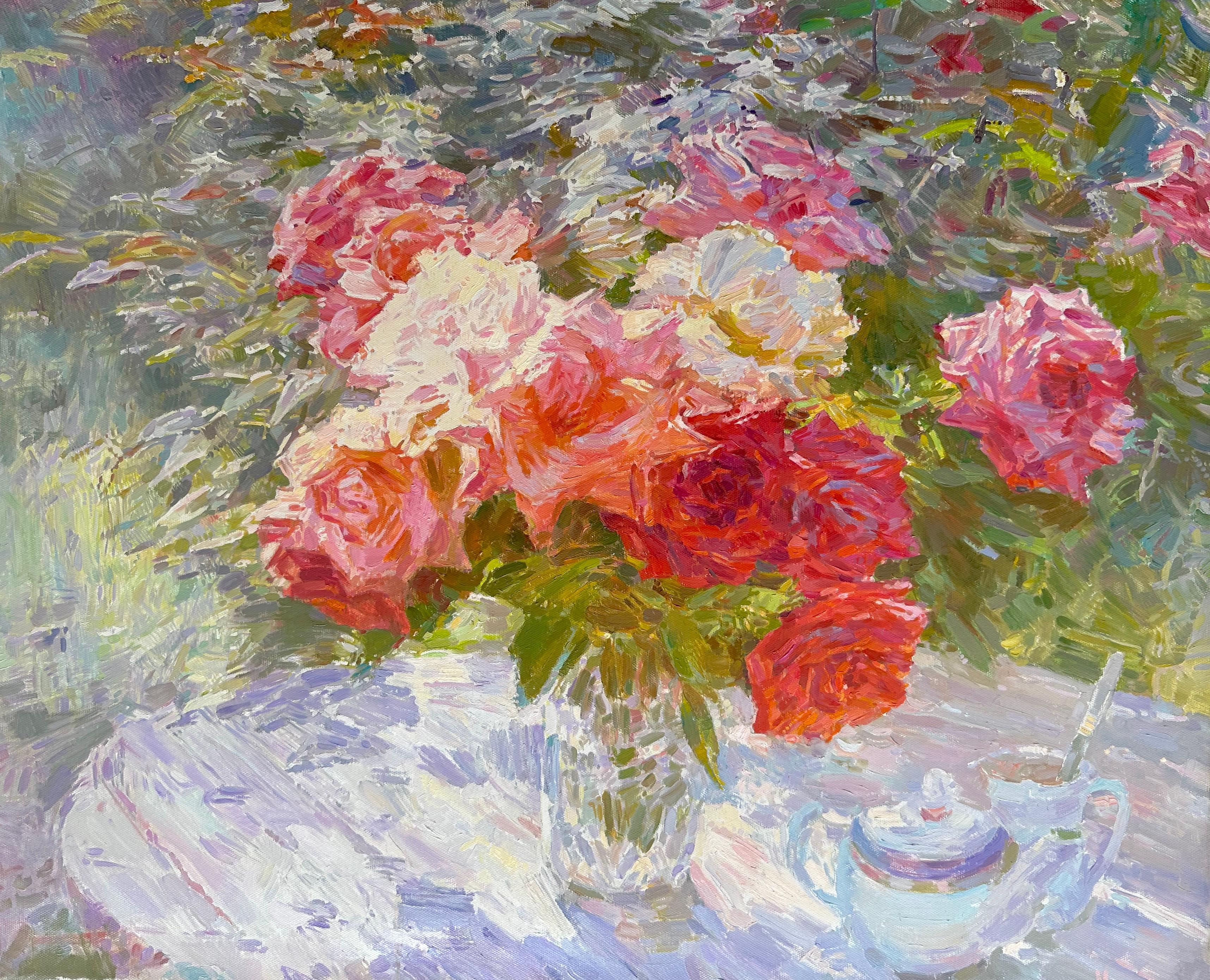 Ashot Muradyan Still-Life Painting - Garden Roses, Original Oil Painting, Handmade Artwork, One of a Kind