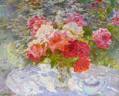 Roses de jardin, peinture à l'huile originale, œuvre d'art faite à la main, unique en son genre