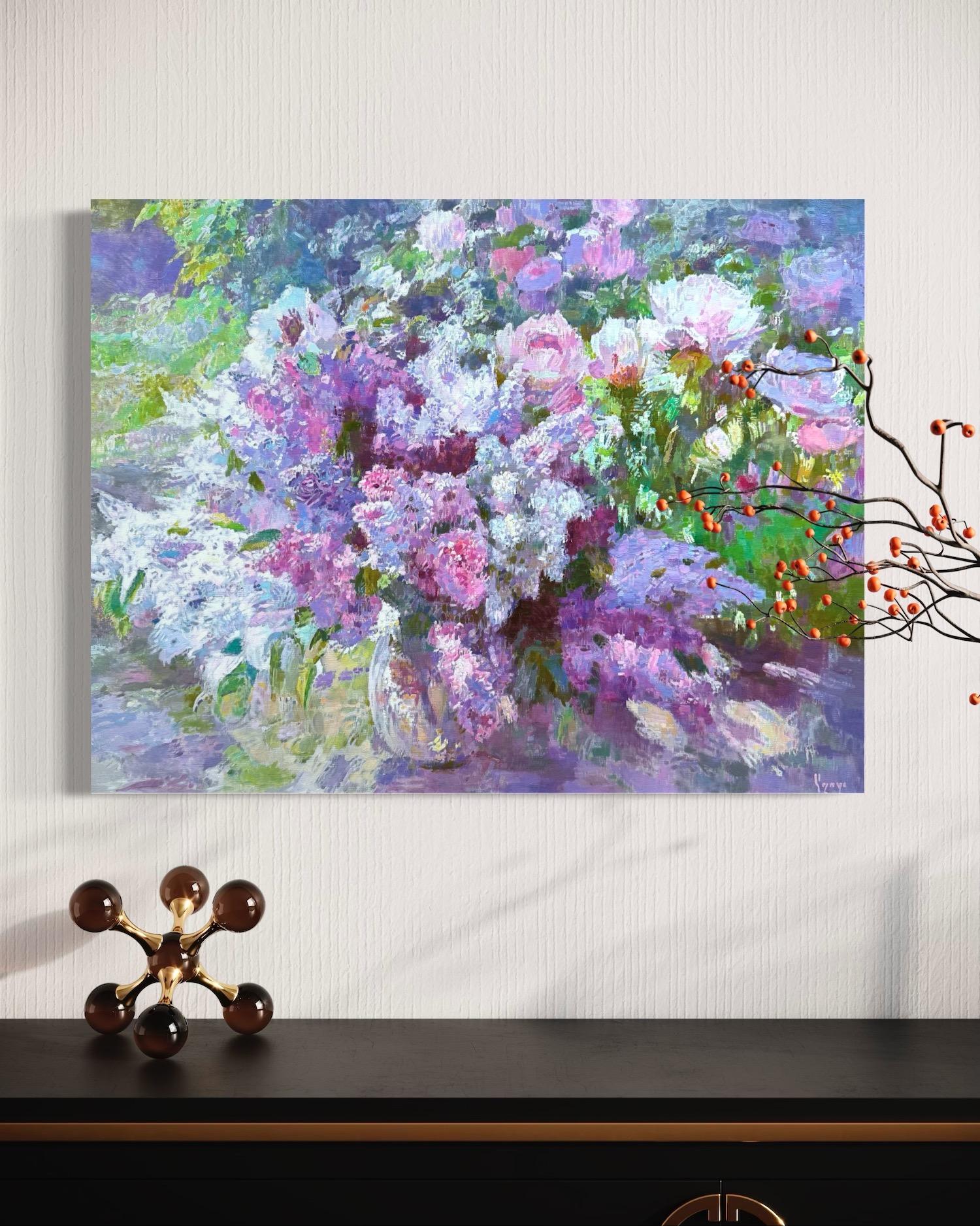 Lilacs Still Life Impressionism Oil Painting Handmade Artwork One of a Kind - Gray Still-Life Painting by Ashot Muradyan