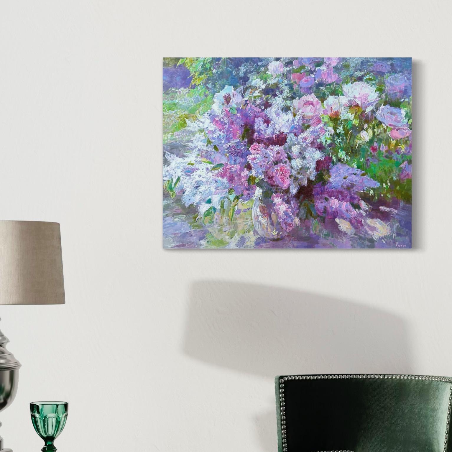 Lilacs Still Life Impressionism Oil Painting Handmade Artwork One of a Kind For Sale 1