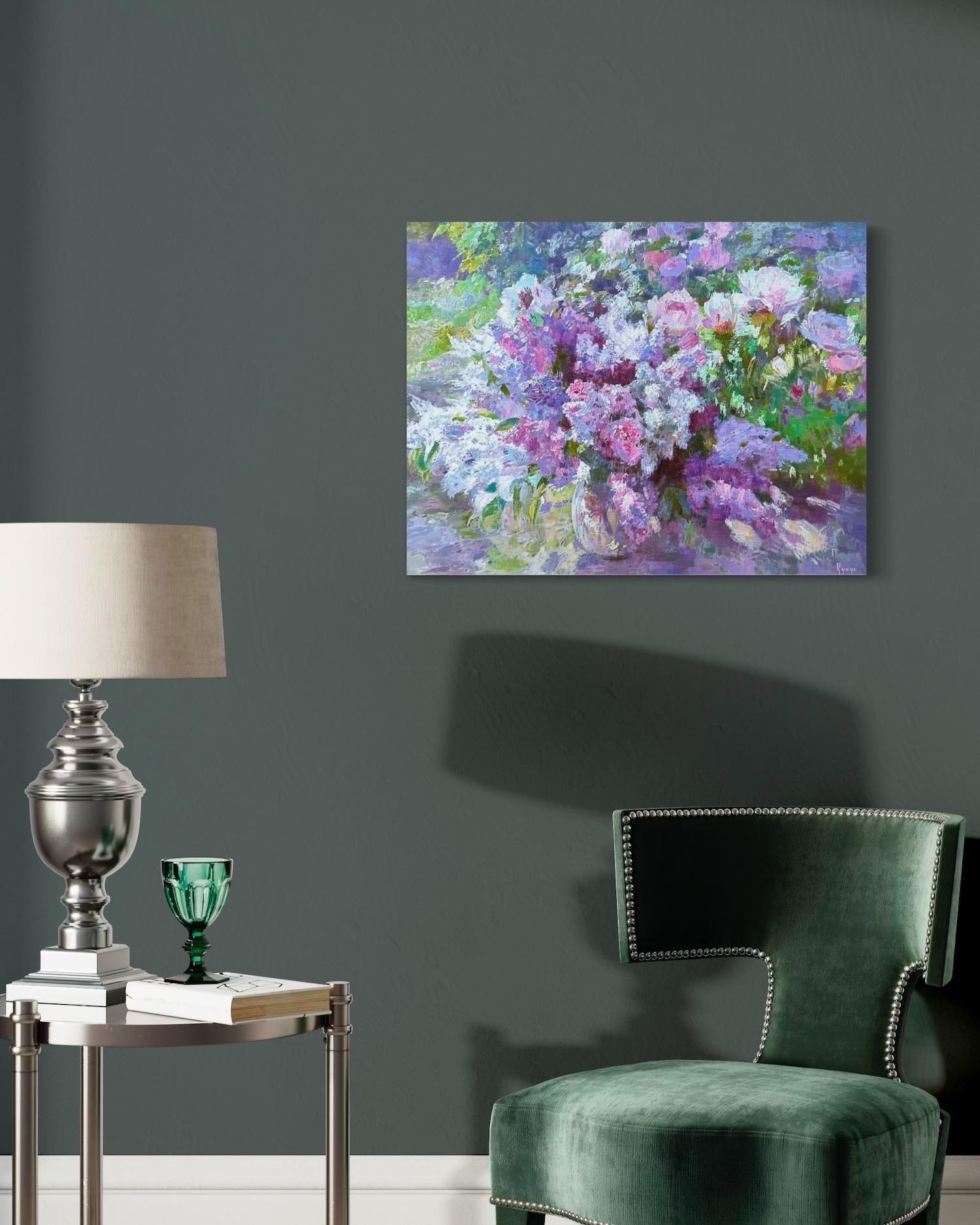 Lilacs Still Life Impressionism Oil Painting Handmade Artwork One of a Kind For Sale 2