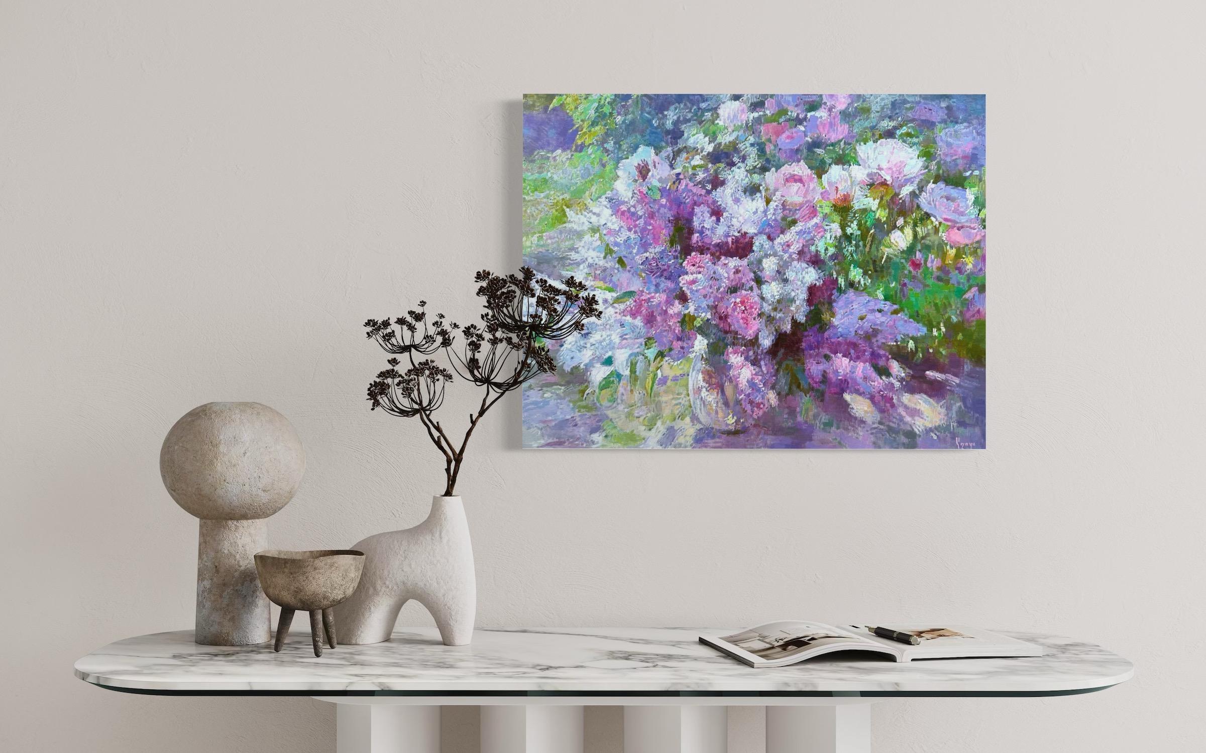 Lilacs Still Life Impressionism Oil Painting Handmade Artwork One of a Kind For Sale 3