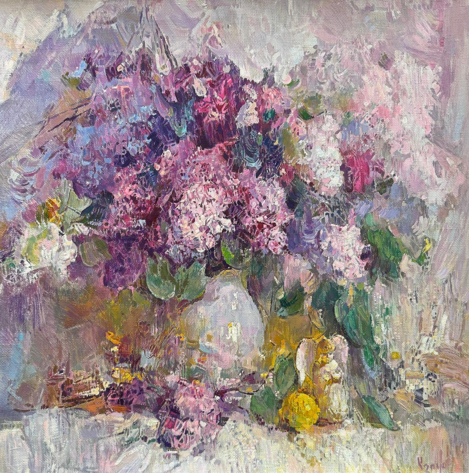 Still-Life Painting di Ashot Muradyan - Lillà Natura morta Impressionismo Pittura ad olio fatta a mano Opera d'arte unica nel suo genere