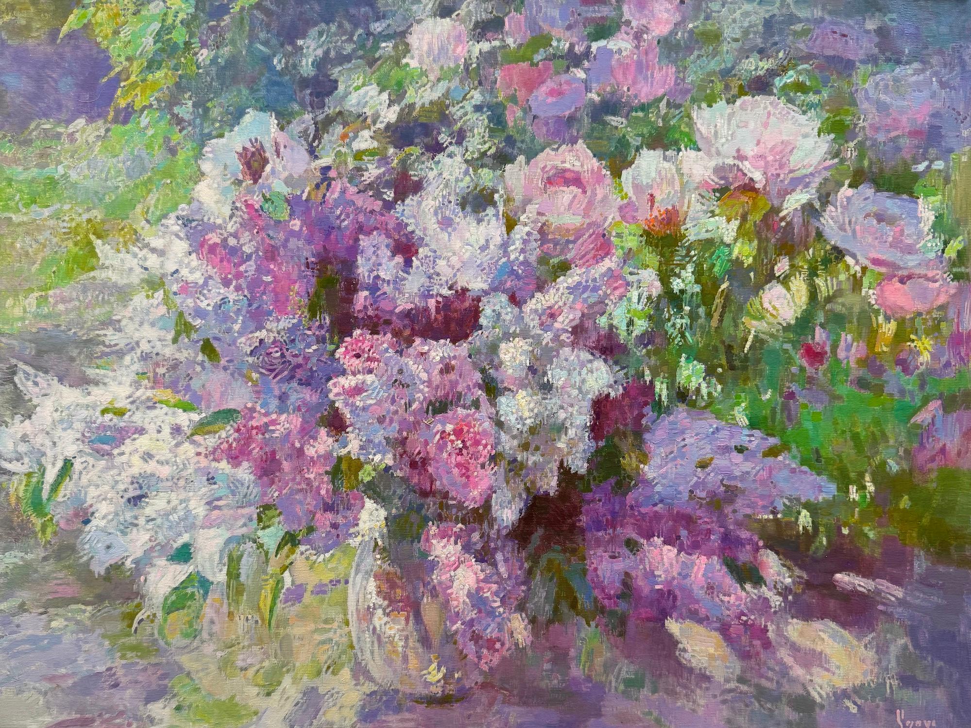 Ashot Muradyan Still-Life Painting - Lilacs Still Life Impressionism Oil Painting Handmade Artwork One of a Kind