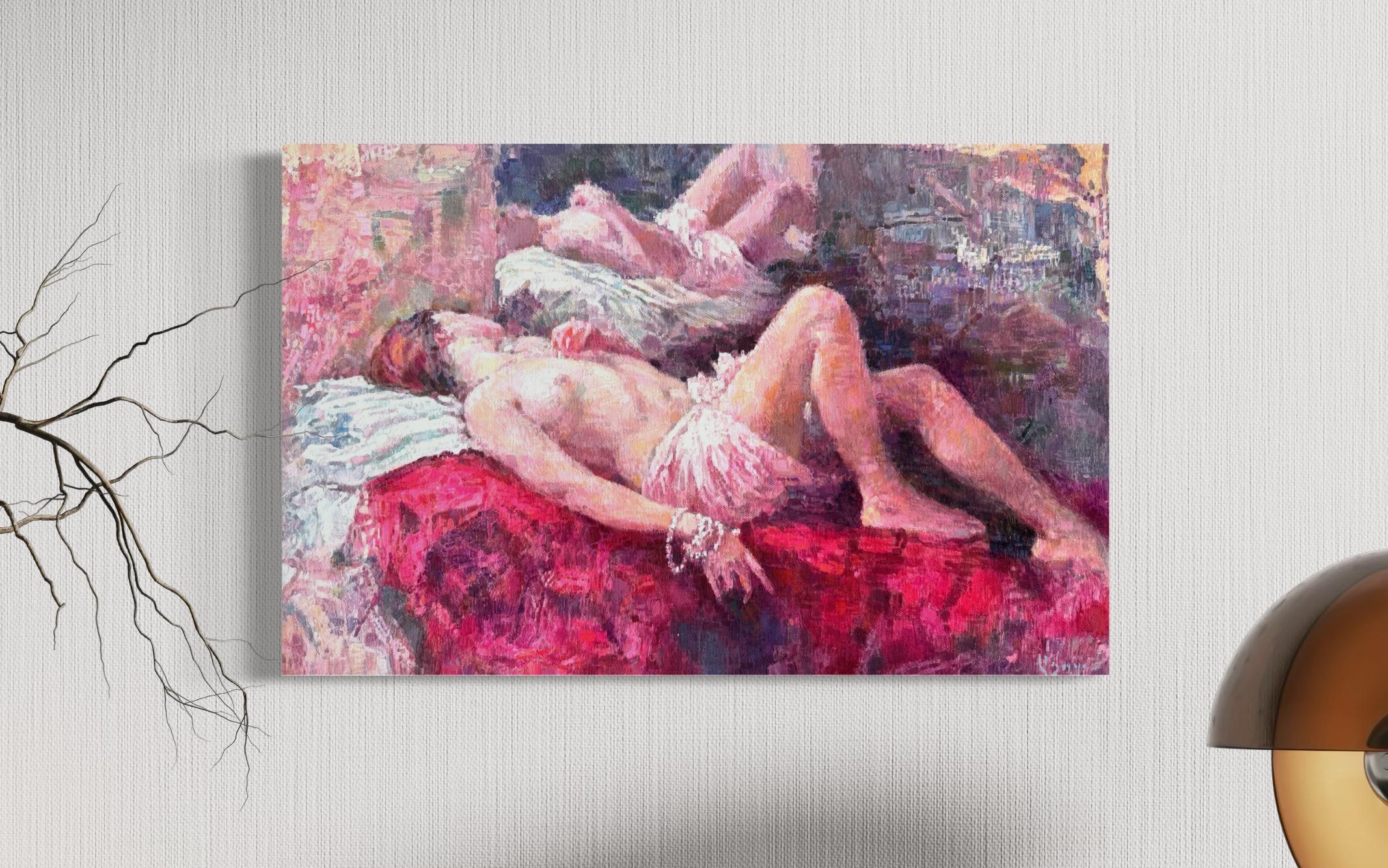 Reflection Figurative Impressionism Oil Painting Handmade Artwork One of a Kind For Sale 1
