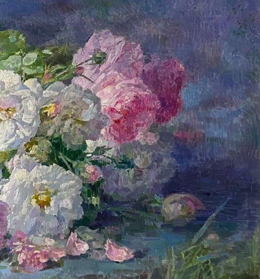 Roses et fleurs, peinture à l'huile originale, œuvre d'art faite à la main, unique en son genre - Painting de Ashot Muradyan