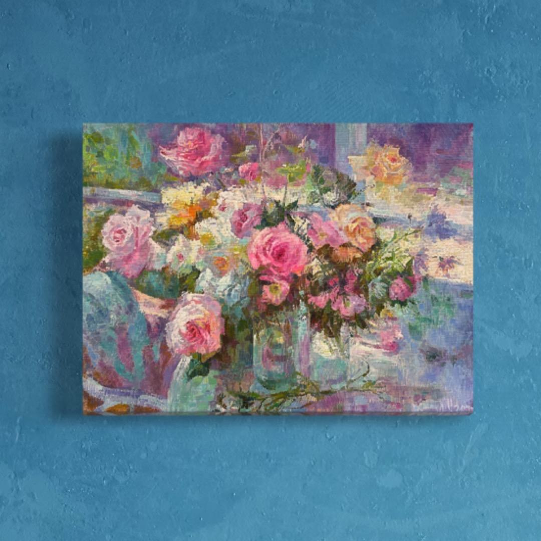 Roses, Flowers Original Oil Painting, Handmade Artwork, One of a Kind - Gray Still-Life Painting by Ashot Muradyan