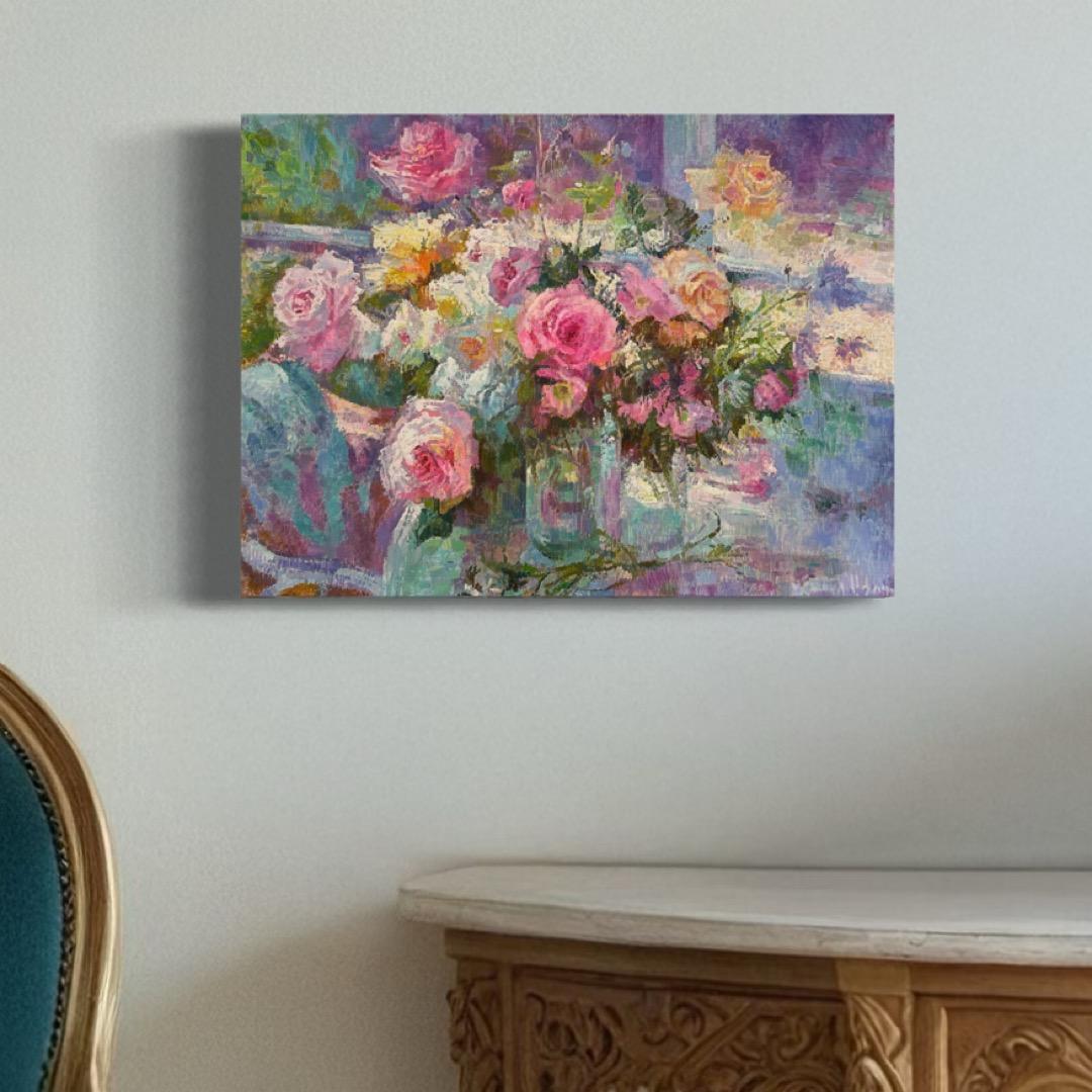 Roses, Flowers Original Oil Painting, Handmade Artwork, One of a Kind For Sale 1