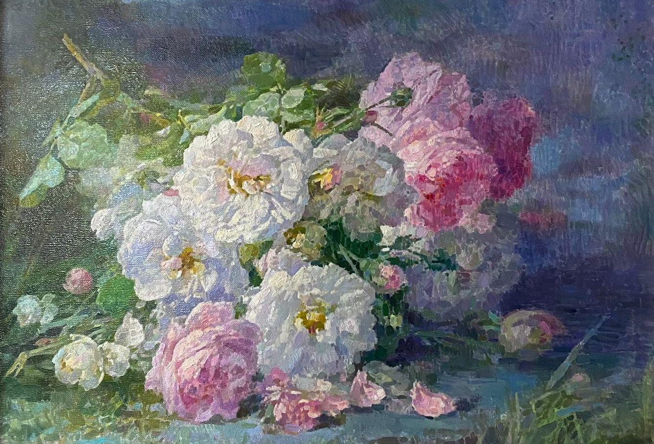 Still-Life Painting Ashot Muradyan - Roses et fleurs, peinture à l'huile originale, œuvre d'art faite à la main, unique en son genre