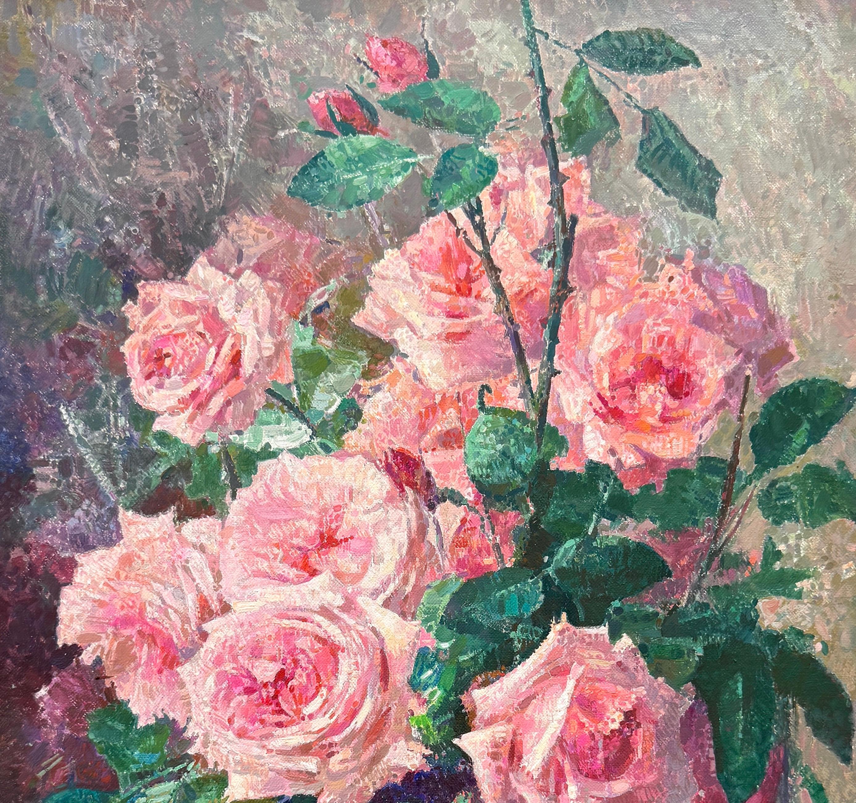 Roses, Flowers Still Life Original Oil Painting, Handmade Artwork, One of a Kind - Brown Still-Life Painting by Ashot Muradyan