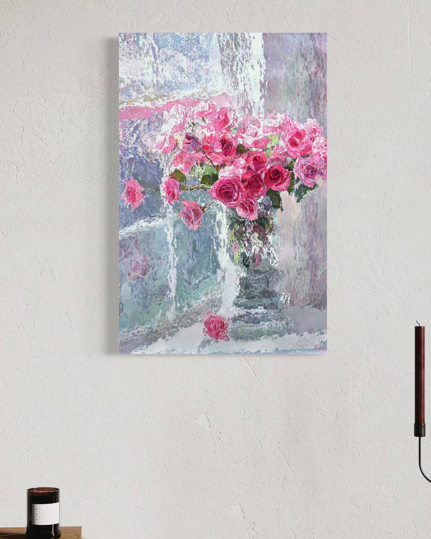 Roses Still Life Impressionism Oil Painting Handmade Artwork One of a Kind - Gray Still-Life Painting by Ashot Muradyan