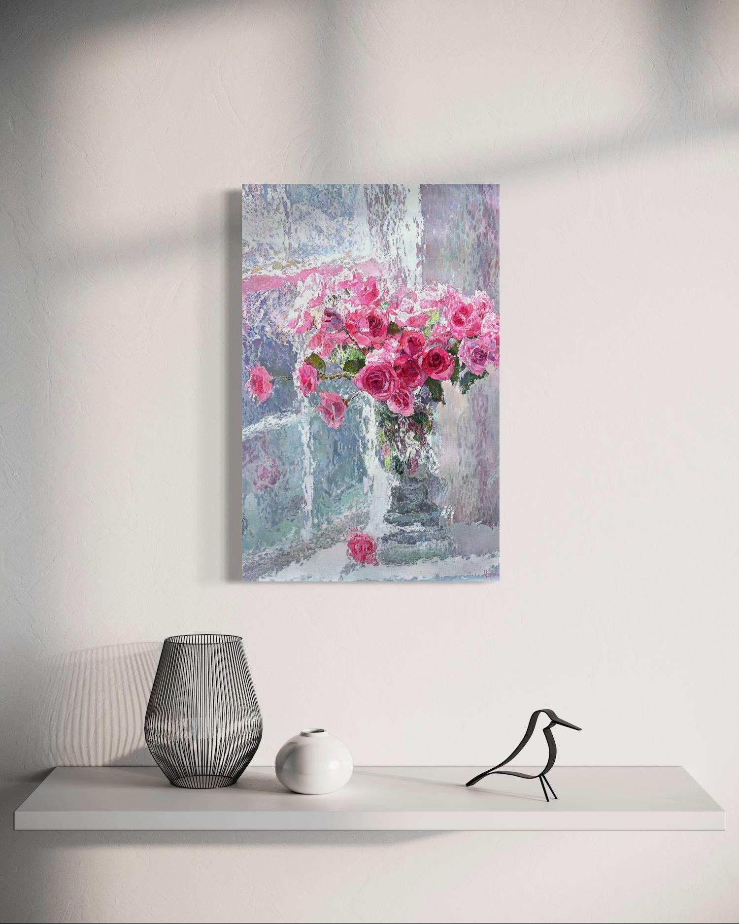 Roses Still Life Impressionism Oil Painting Handmade Artwork One of a Kind For Sale 1