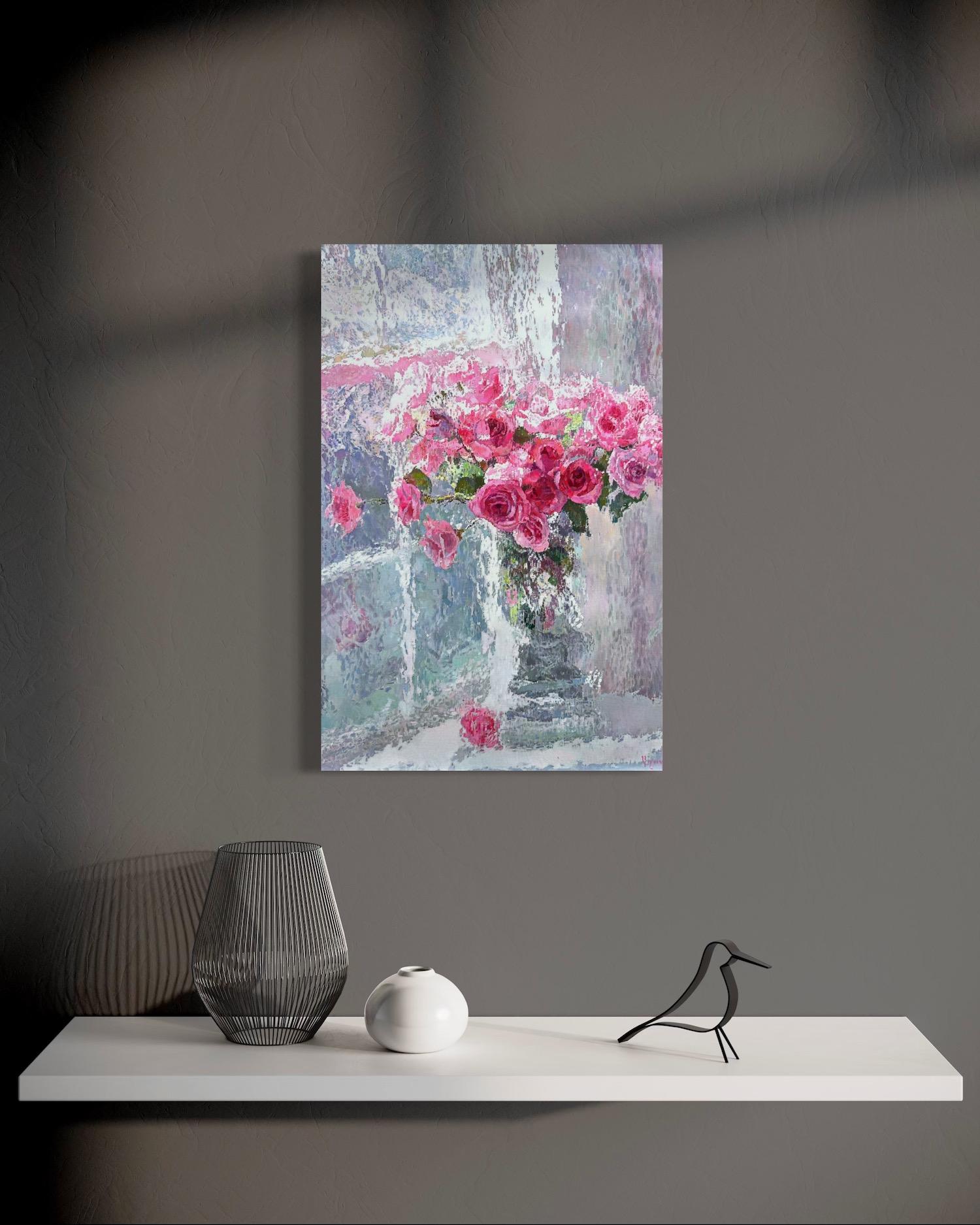 Roses Still Life Impressionism Oil Painting Handmade Artwork One of a Kind For Sale 2