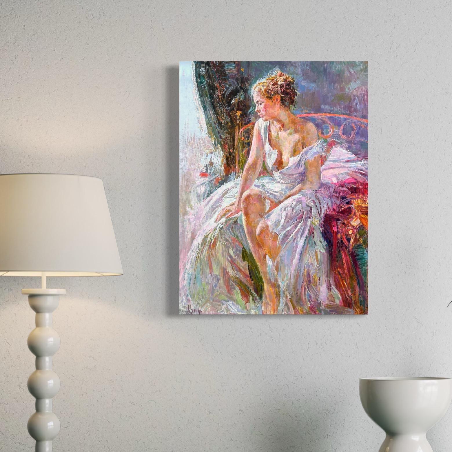 Silent Muse Figurativer Impressionismus Ölgemälde Handgemachtes Kunstwerk Unikat (Braun), Figurative Painting, von Ashot Muradyan