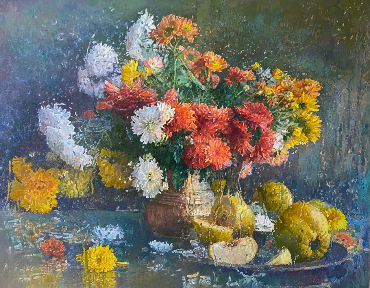 Ashot Muradyan Still-Life Painting - Still Life with Asters, Original Oil Painting, Handmade Artwork, One of a Kind