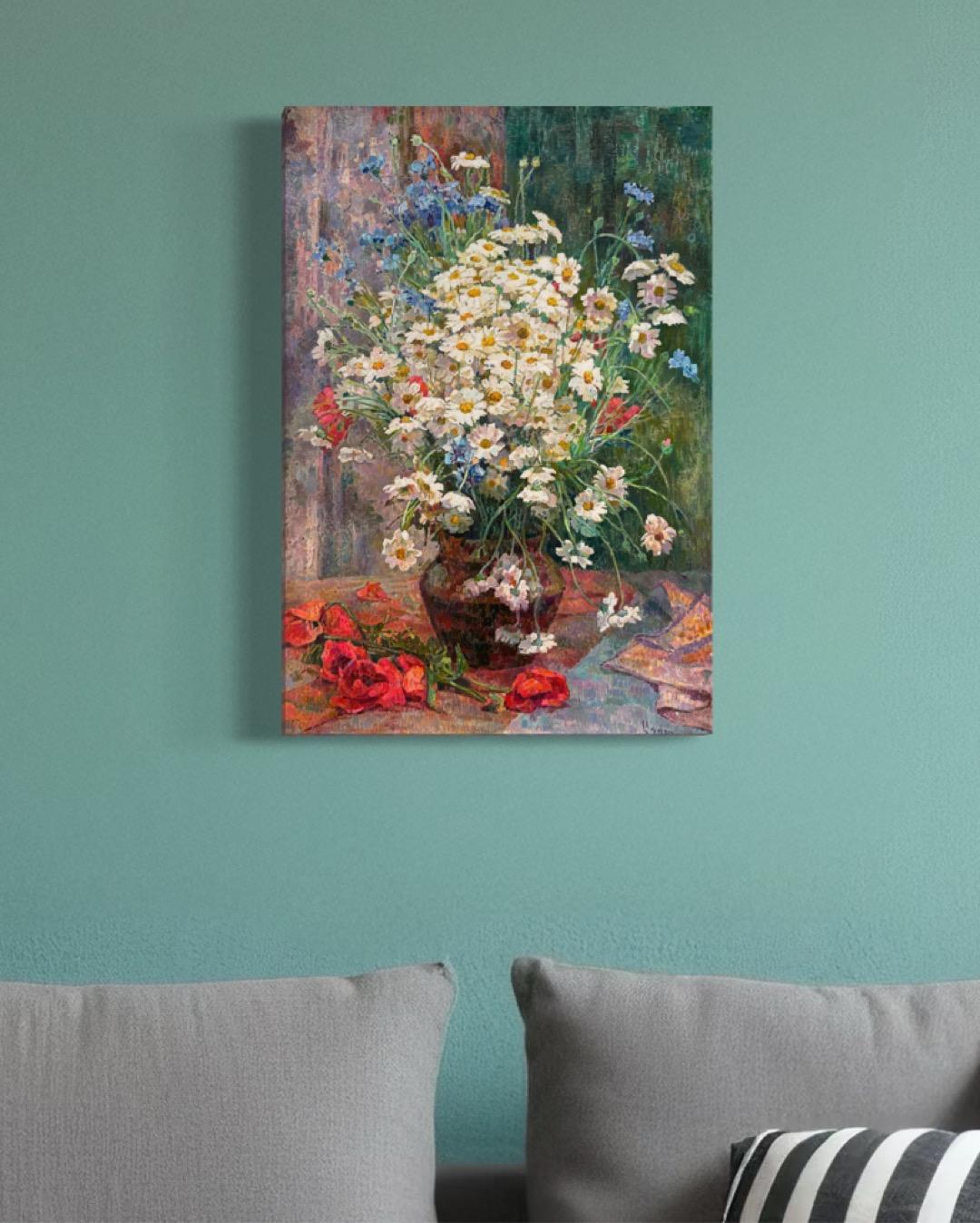 Natura morta con margherite, Pittura a olio originale, Opera d'arte fatta a mano, Pezzo unico - Still-Life Painting Grigio di Ashot Muradyan