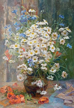 Natura morta con margherite, Pittura a olio originale, Opera d'arte fatta a mano, Pezzo unico