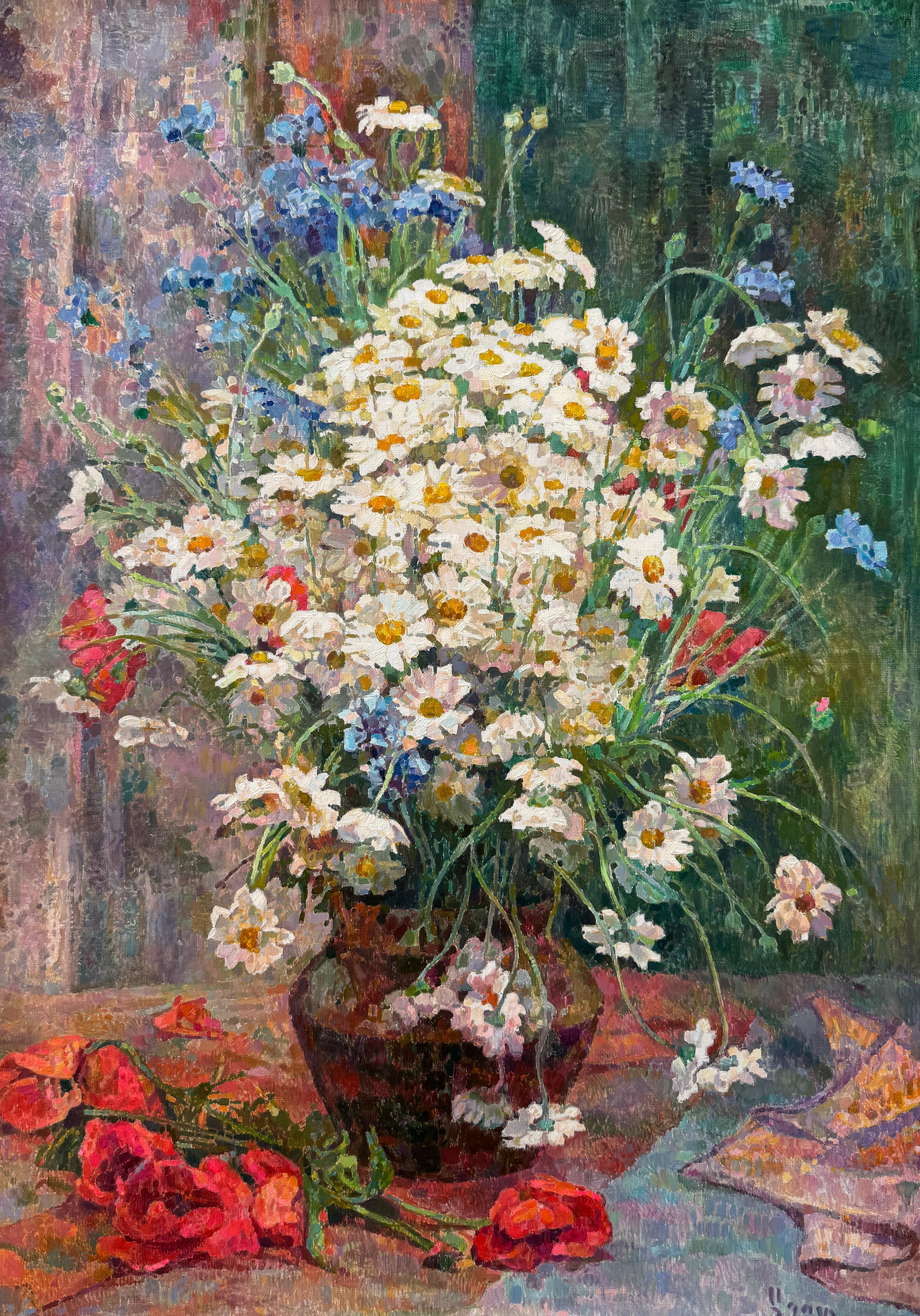 Still-Life Painting di Ashot Muradyan - Natura morta con margherite, Pittura a olio originale, Opera d'arte fatta a mano, Pezzo unico