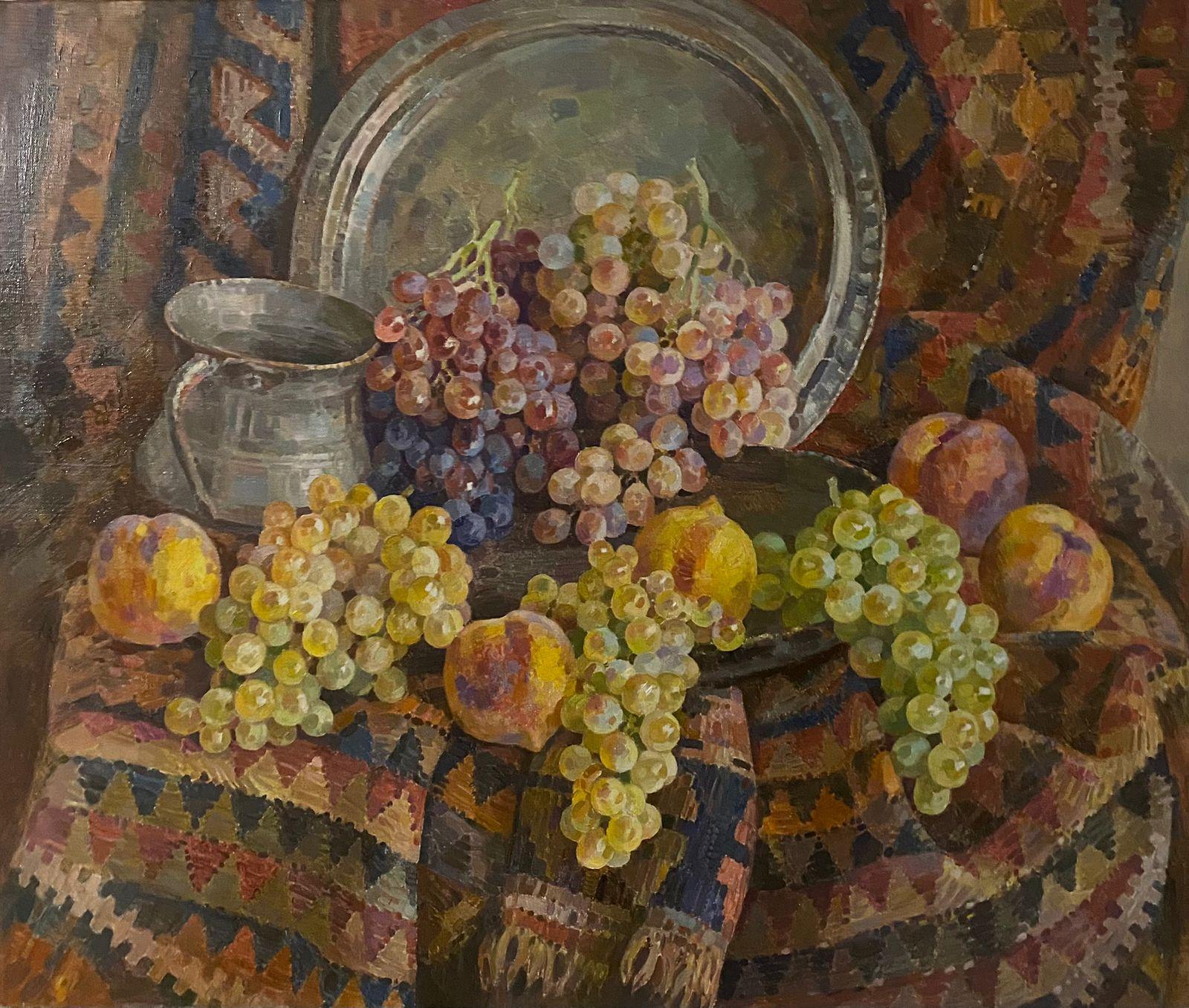 Nature morte avec raisins, peinture à l'huile originale, œuvre d'art faite à la main, unique en son genre