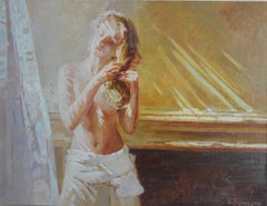 Vintage Sun Bath, figurative, Original Oil Painting, Handmade Artwork, One of a Kind