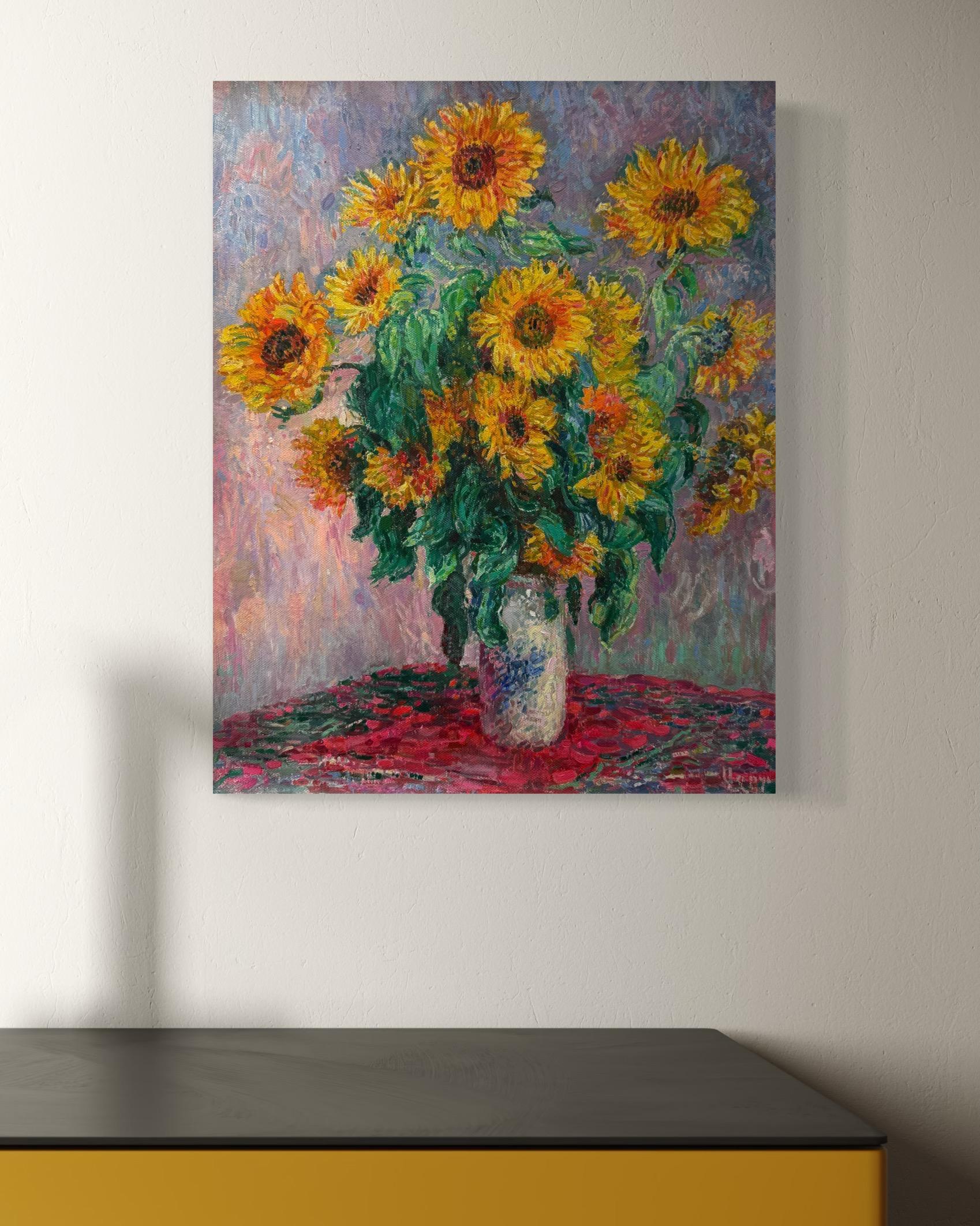 Sunflowers, Impressionism Oil Painting, Handmade Artwork, One of a Kind For Sale 1