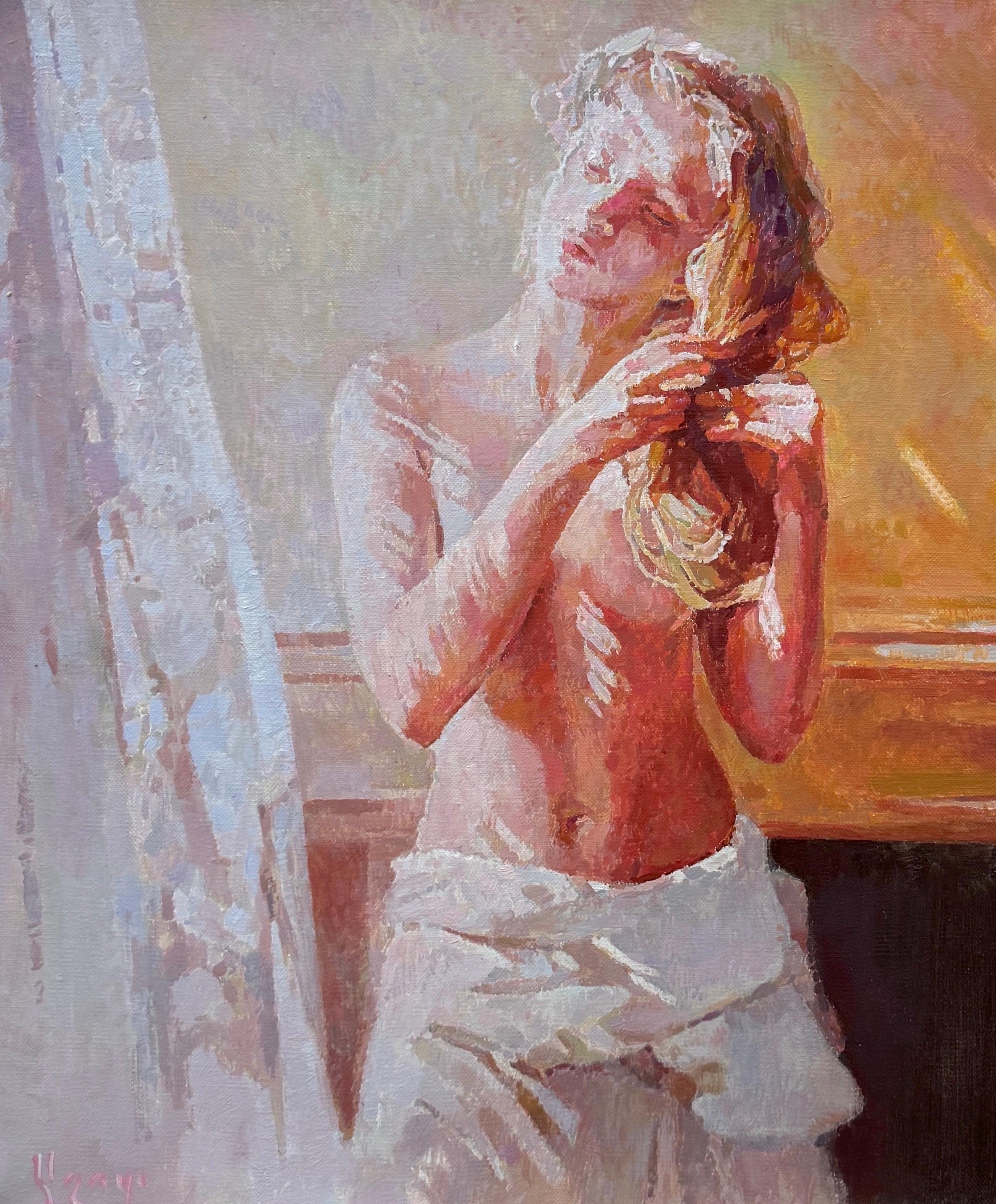 Sol, Retrato de mujer, Figurativo, Pintura al óleo original, Obra de arte hecha a mano - Painting de Ashot Muradyan