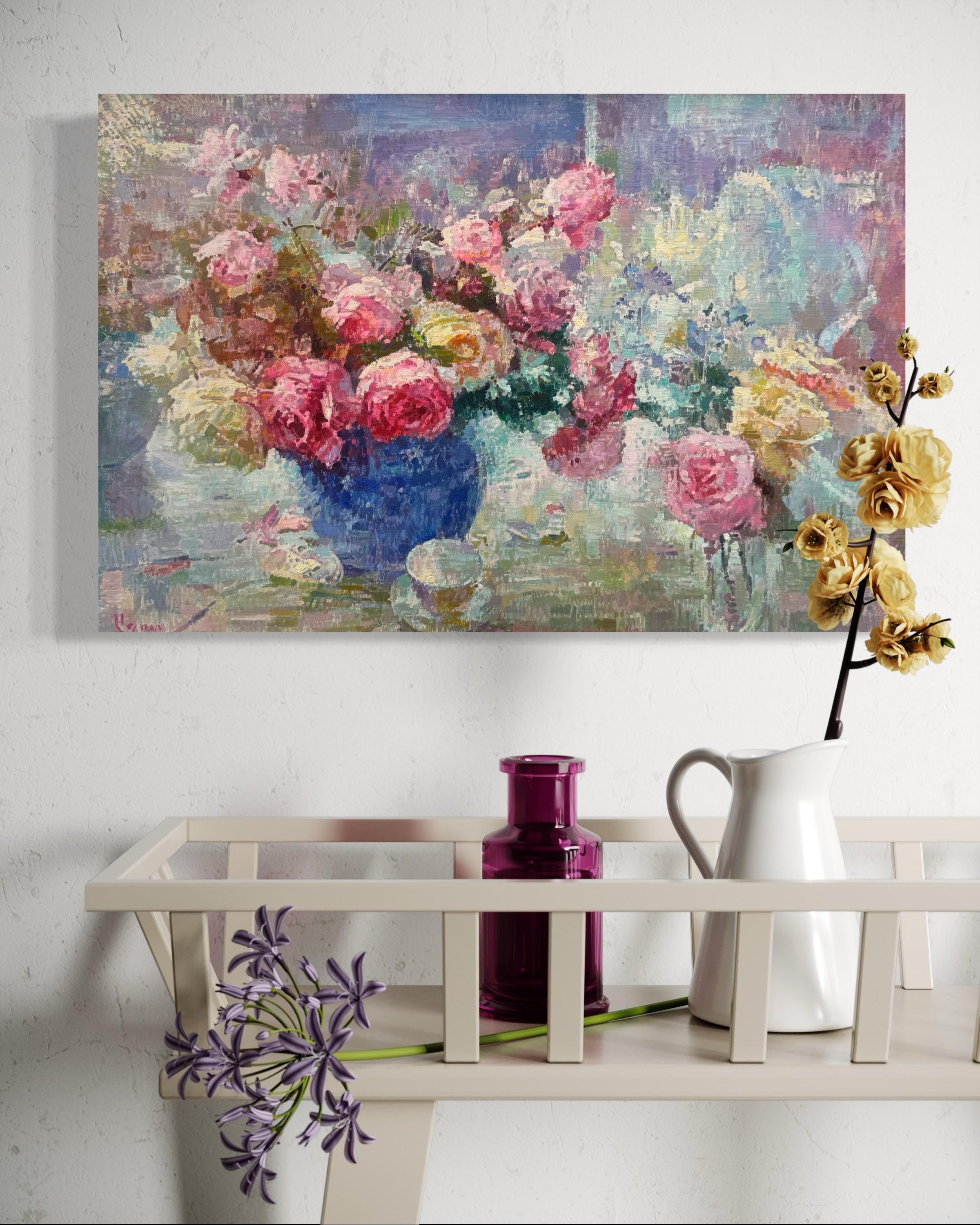 Jarrón de rosas, Flores Pintura al óleo original, Obra de arte hecha a mano, Única en su género - Painting de Ashot Muradyan