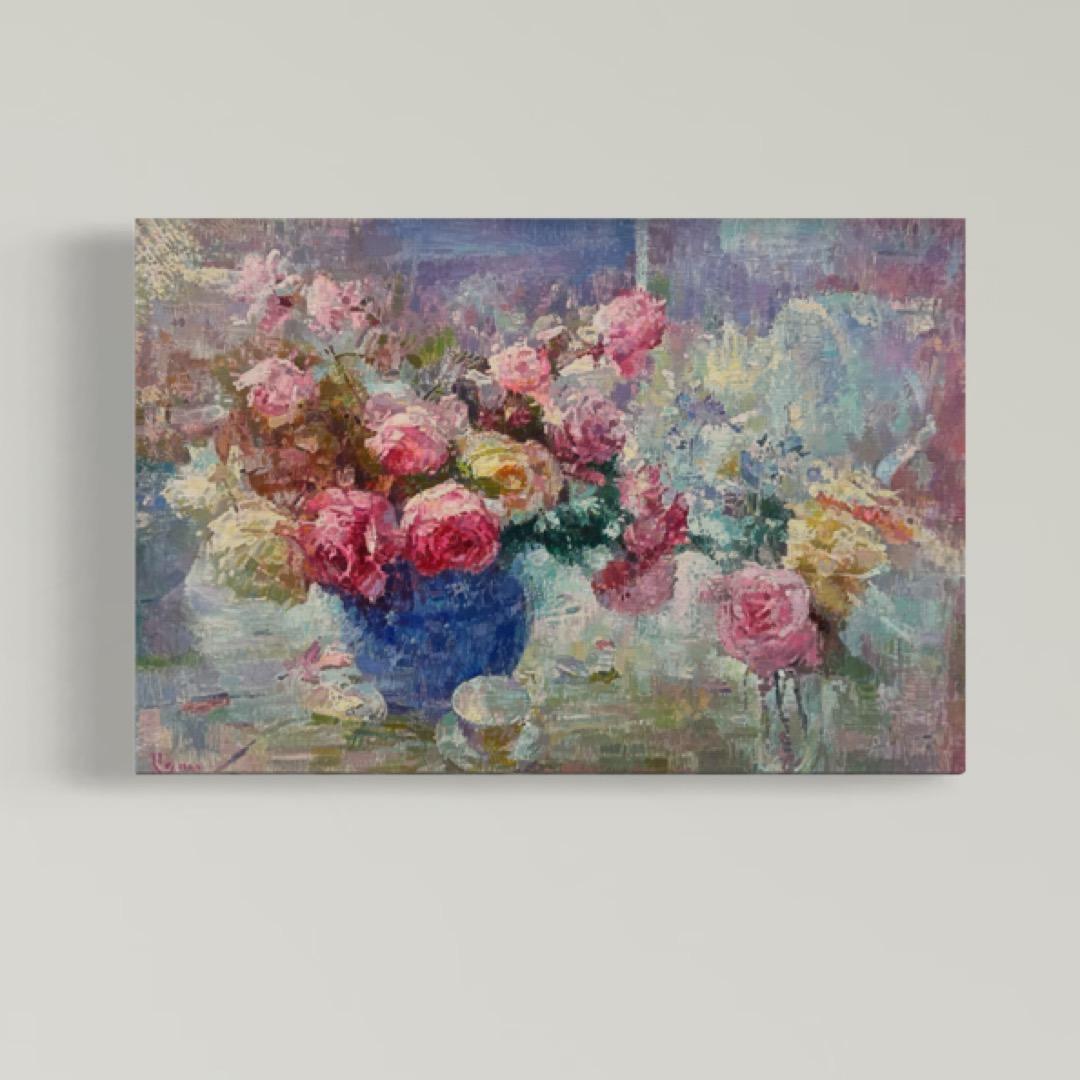 Jarrón de rosas, Flores Pintura al óleo original, Obra de arte hecha a mano, Única en su género - Painting Impresionista de Ashot Muradyan