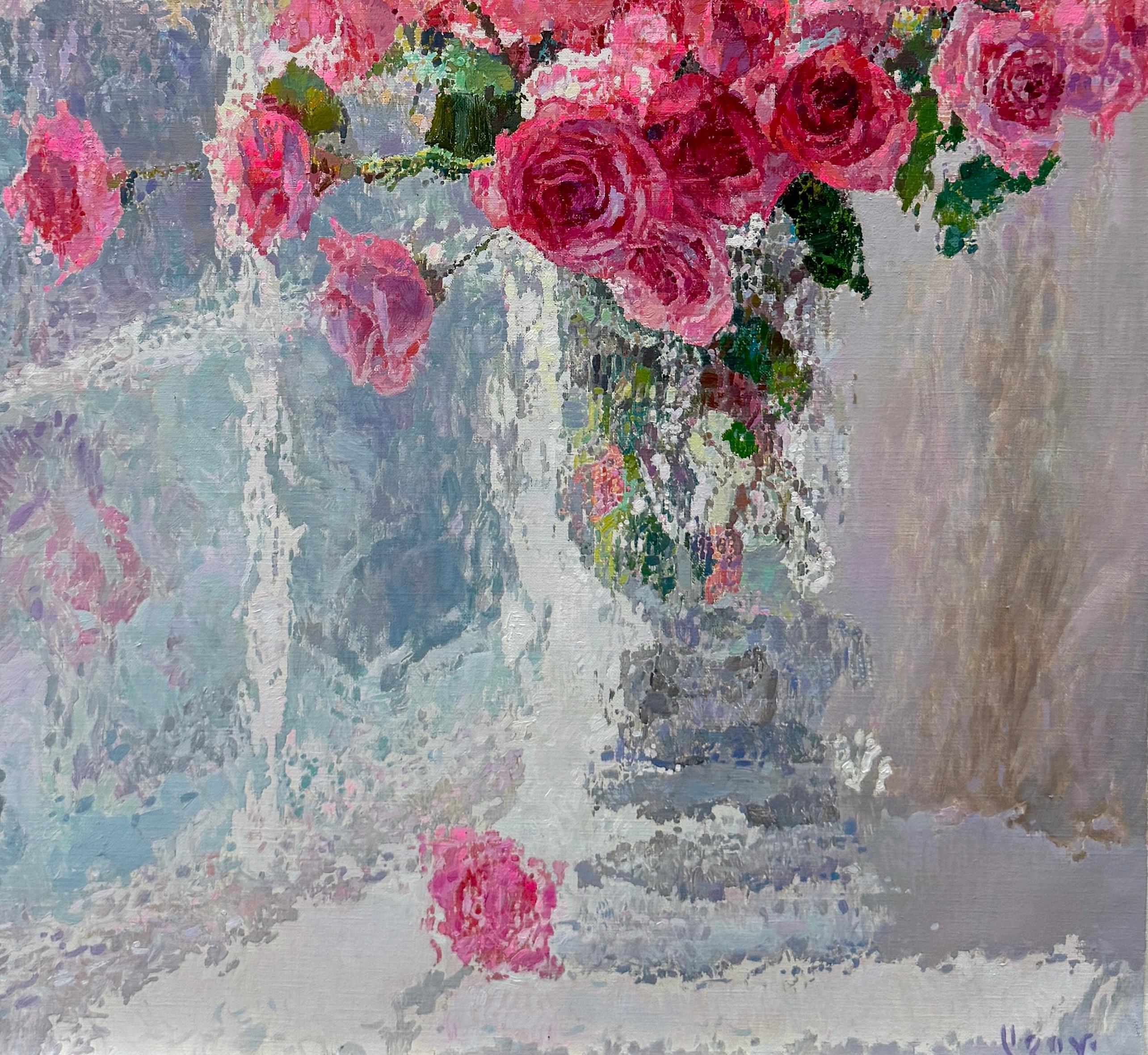 Vaso di rose, fiori, natura morta Pittura ad olio originale, opera d'arte fatta a mano - Painting di Ashot Muradyan
