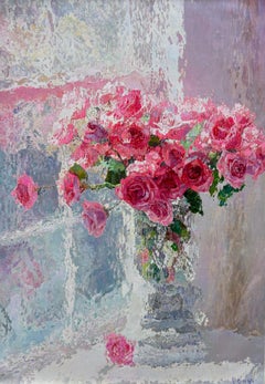 Vaso di rose, fiori, natura morta Pittura ad olio originale, opera d'arte fatta a mano