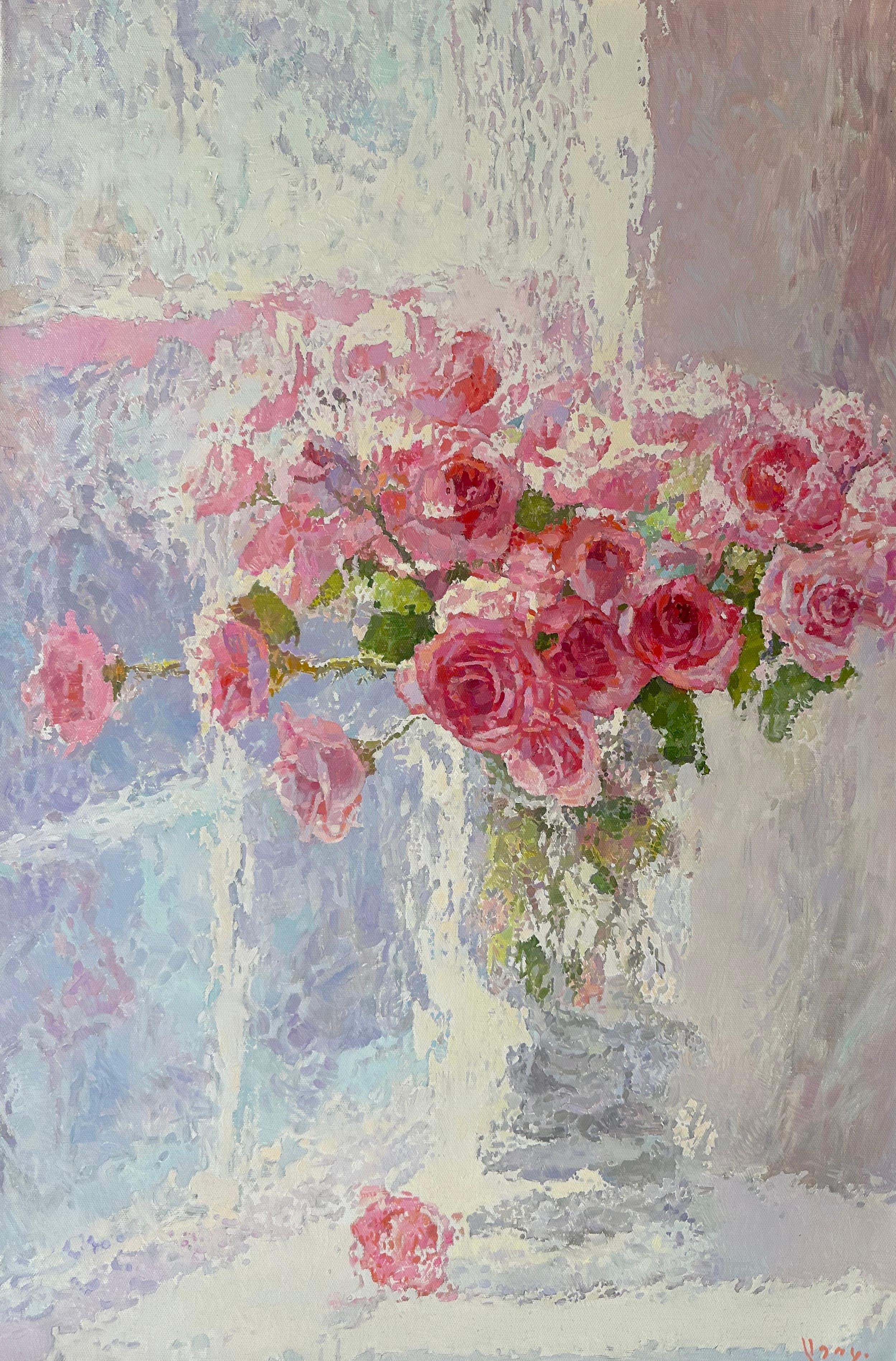 Ashot Muradyan Still-Life Painting - Vase of Roses, Original Oil Painting, Handmade Artwork, One of a Kind