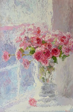 Vase de roses, peinture à l'huile originale, œuvre d'art faite à la main, unique en son genre