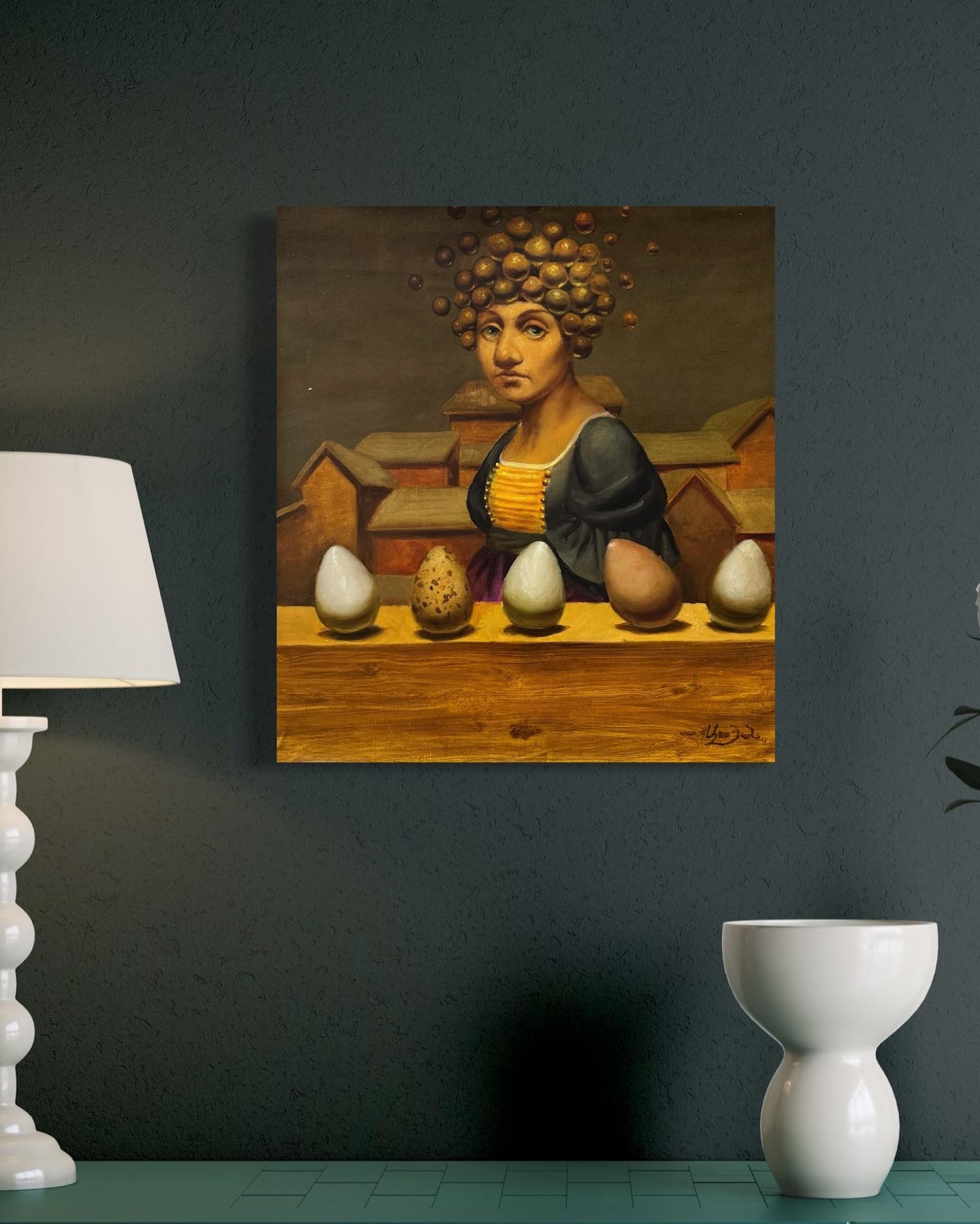 Cinq histoires sur Mme Janet, Portrait Surréalisme Peinture à l'huile originale - Painting de Ashot Yan