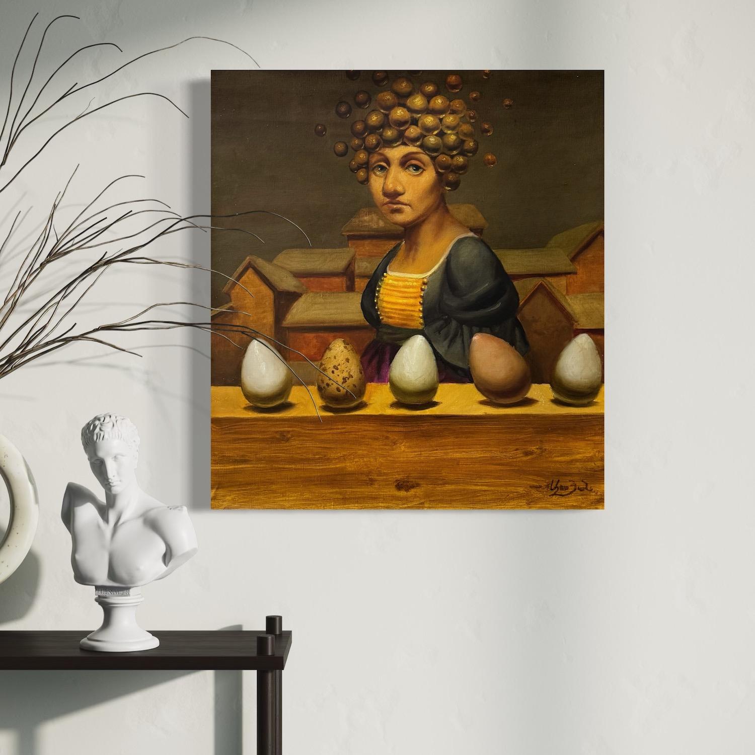 Cinq histoires sur Mme Janet, Portrait Surréalisme Peinture à l'huile originale - Marron Portrait Painting par Ashot Yan