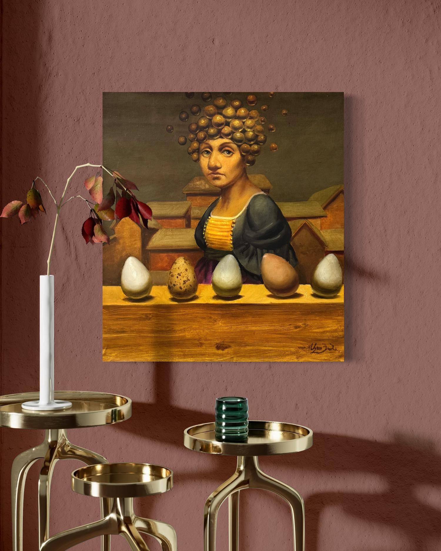 Cinq histoires sur Mme Janet, Portrait Surréalisme Peinture à l'huile originale en vente 1