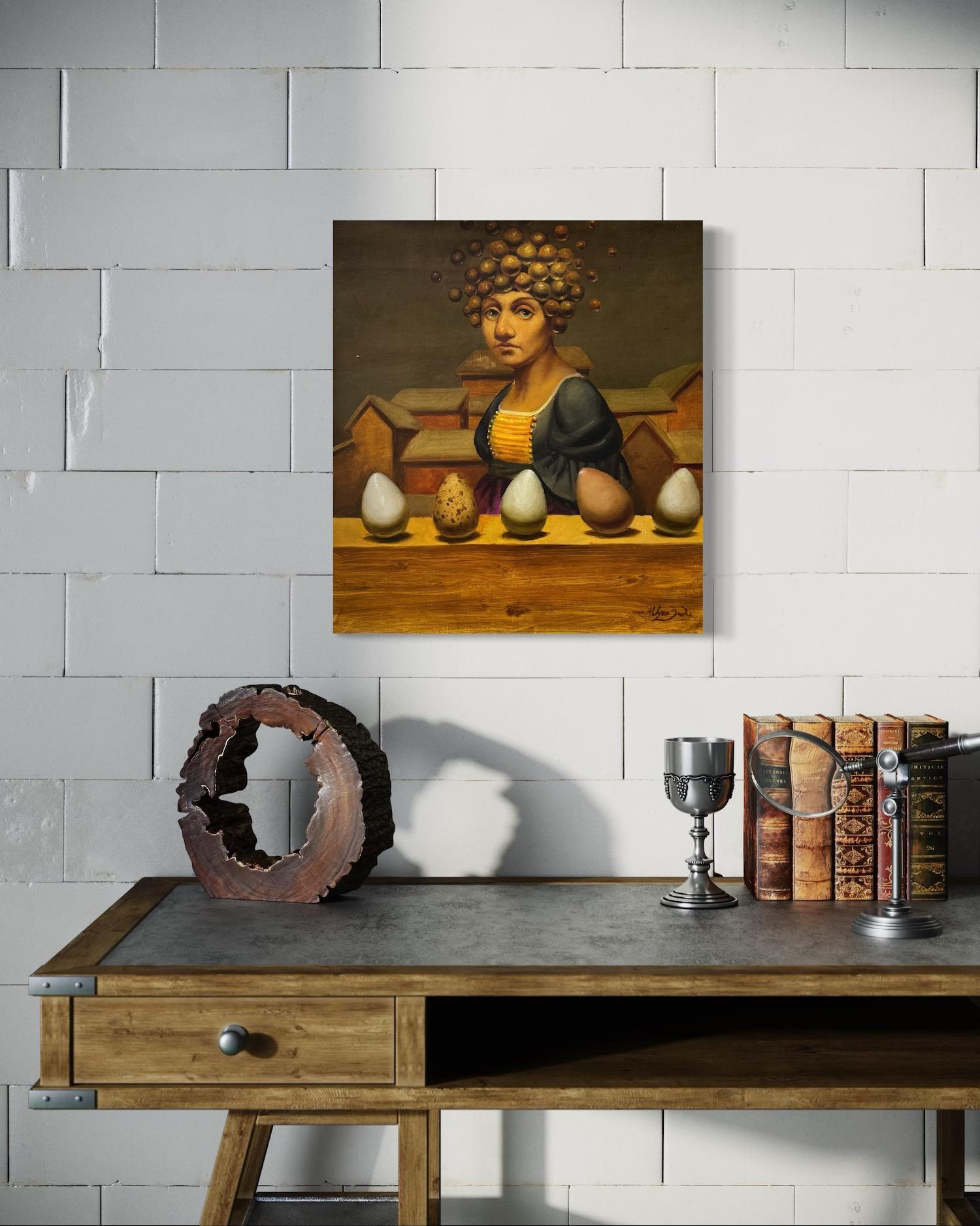 Cinq histoires sur Mme Janet, Portrait Surréalisme Peinture à l'huile originale en vente 2