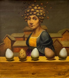 Cinq histoires sur Mme Janet, Portrait Surréalisme Peinture à l'huile originale
