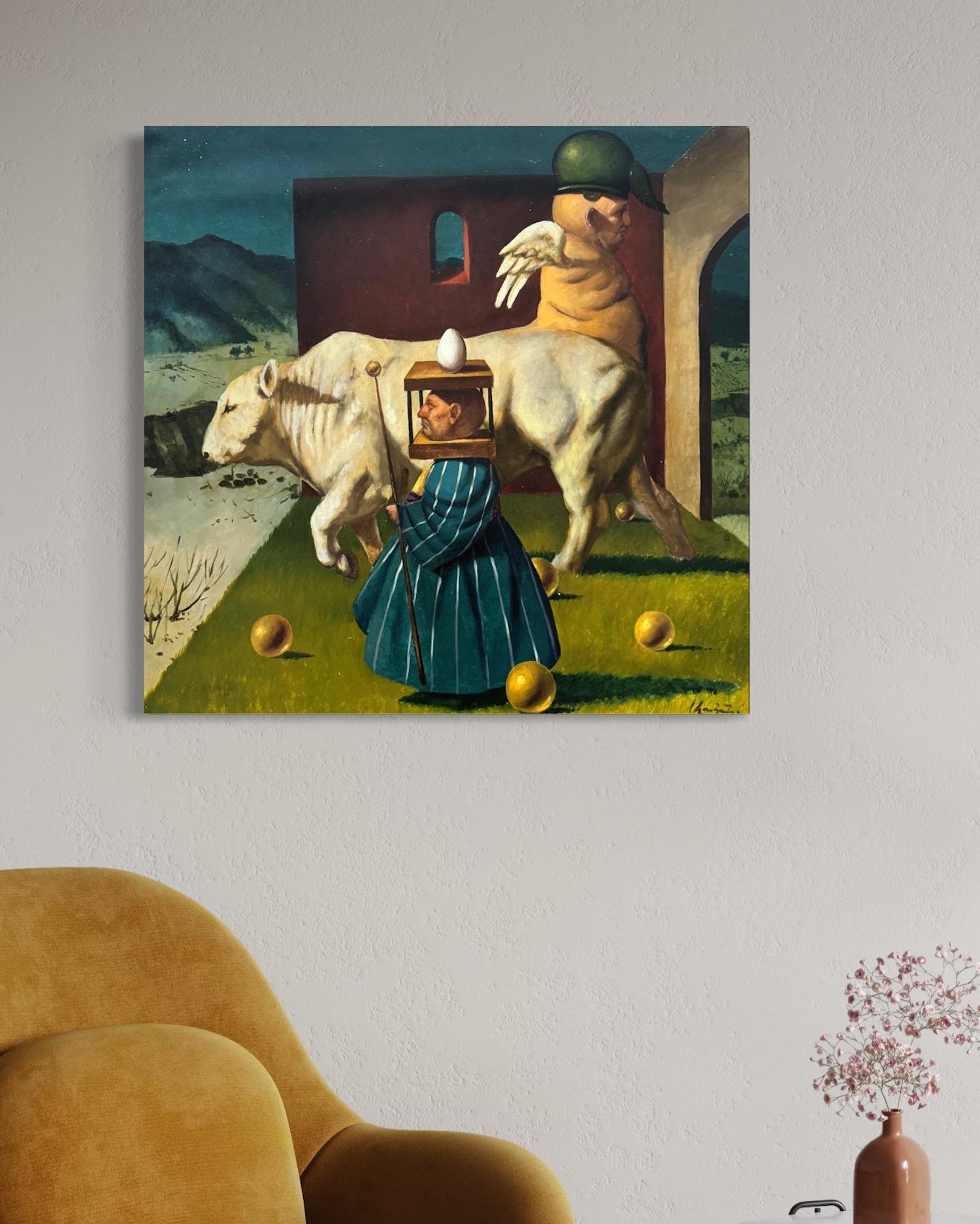 Légende d'une vache blanche Figurative Surréalisme Peinture à l'huile originale - Painting de Ashot Yan