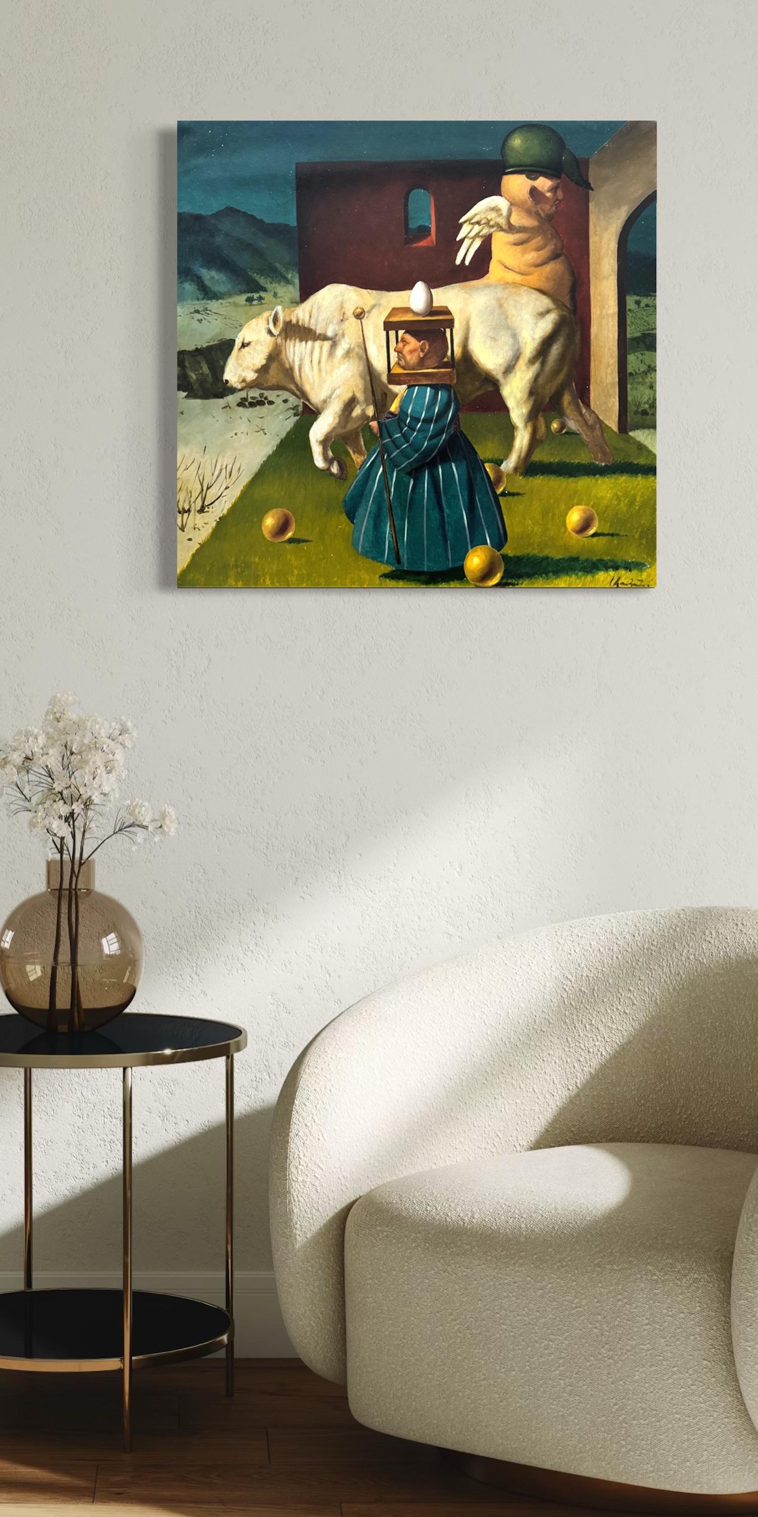 Figurative Surrealism Original Painting
Artistics : Ashot Yan
Oeuvre : Peinture à l'huile originale, œuvre d'art faite à la main, unique en son genre
Médium : Huile sur lin,
Année : 2023
Style : Portrait Surréalisme, 
Titre :  Légende sur une vache