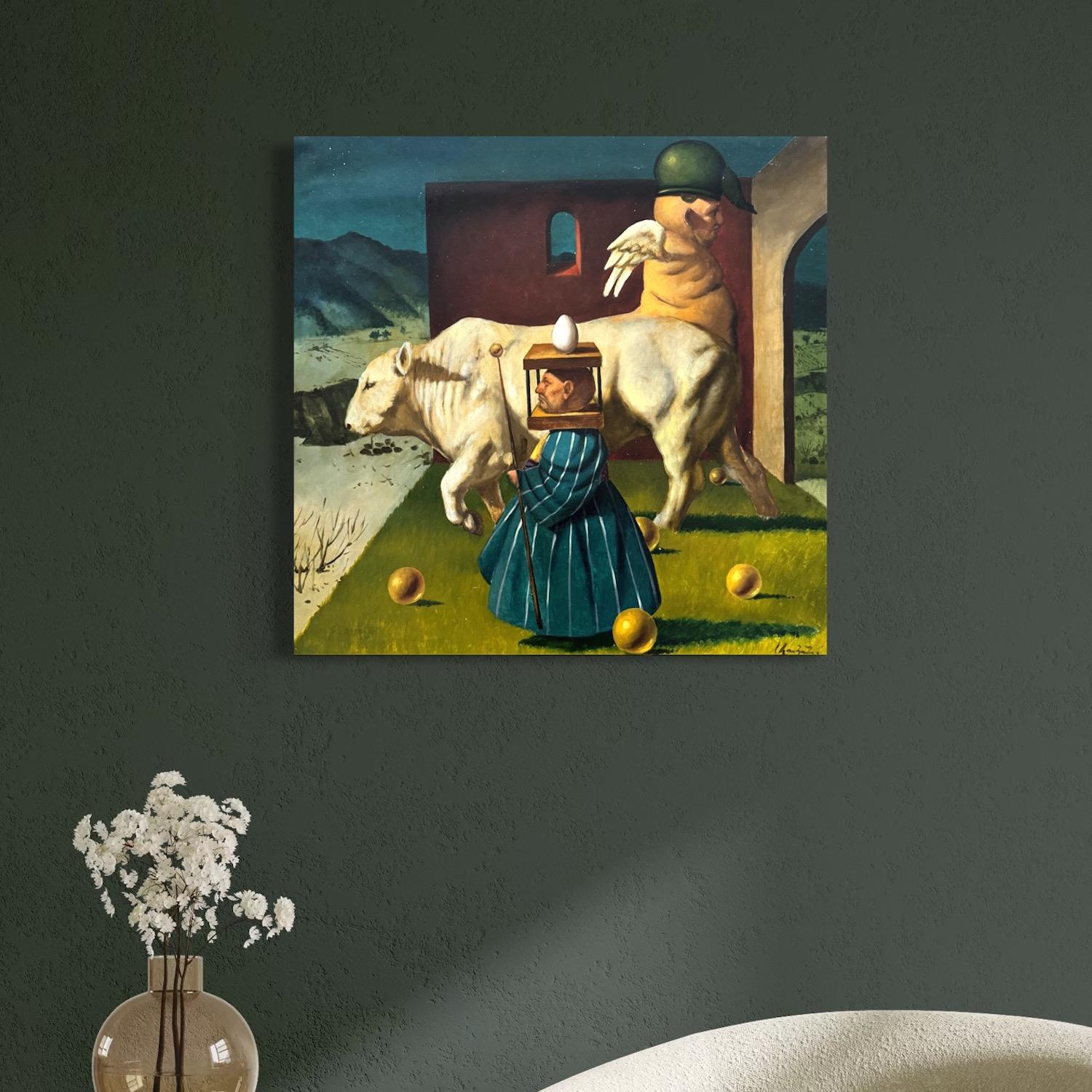 Légende d'une vache blanche Figurative Surréalisme Peinture à l'huile originale en vente 1